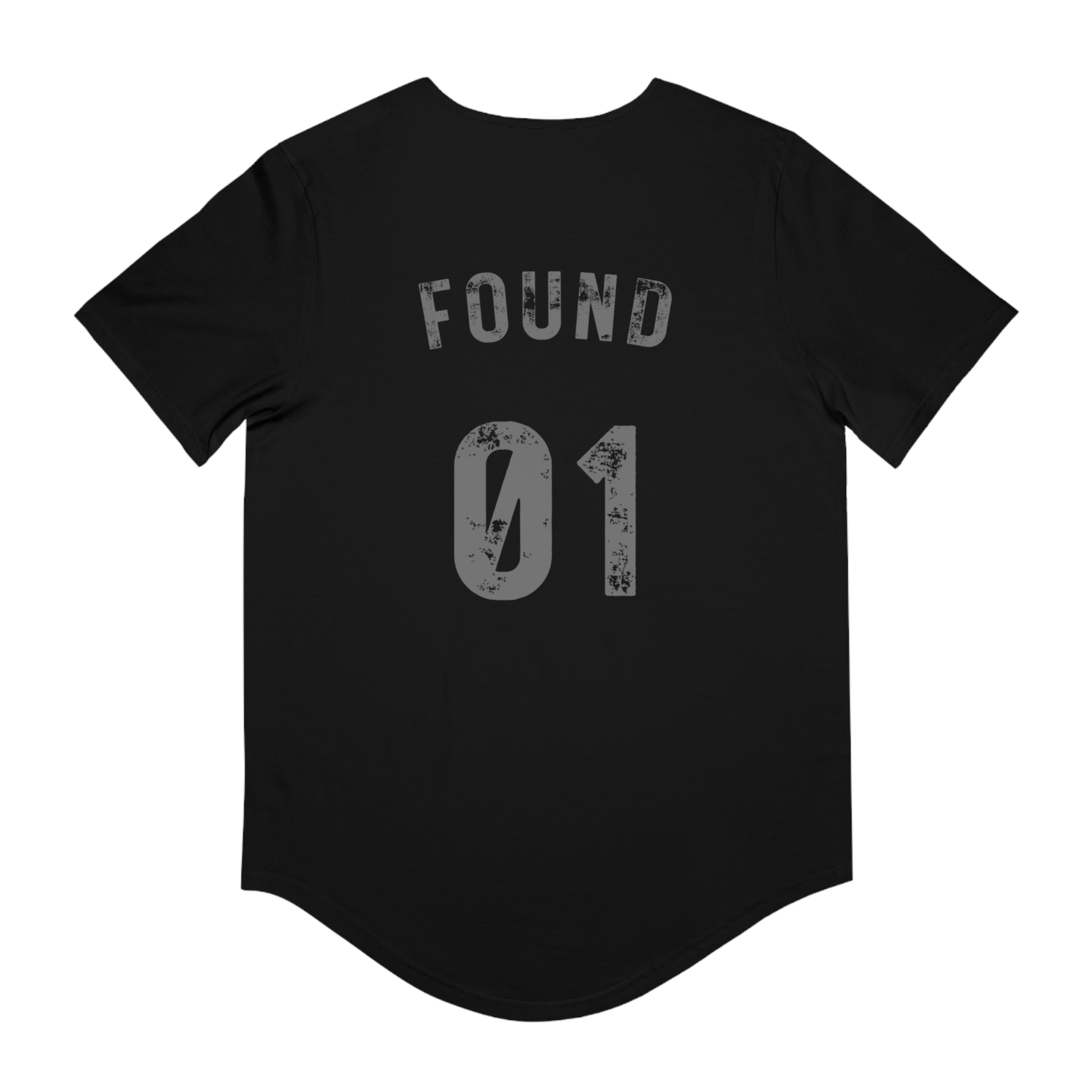 Printify black T-shirt back view with distressed gray FOUND 01 print, Christian graphic t-shirt Luke 15:4 for faith wear