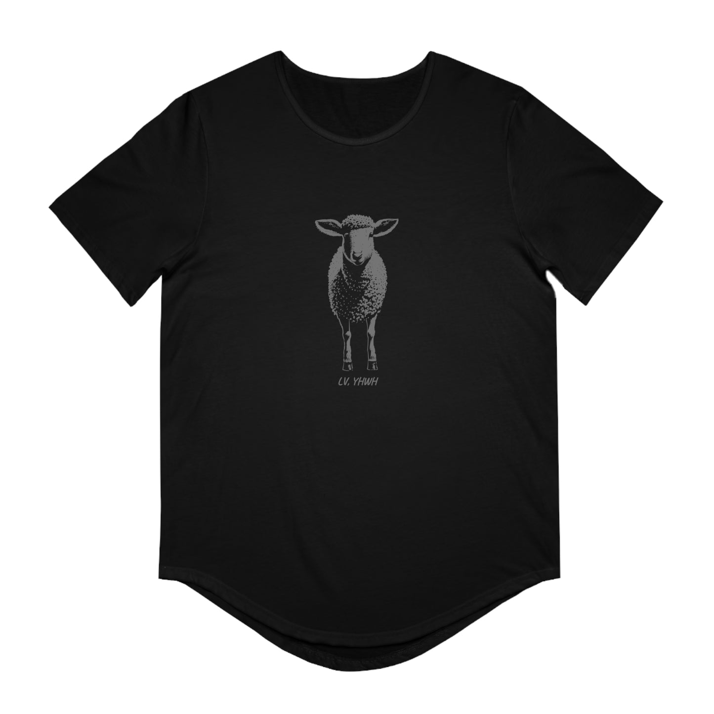 Printify black Christian graphic t-shirt Luke 15:4 with centered vintage sheep illustration