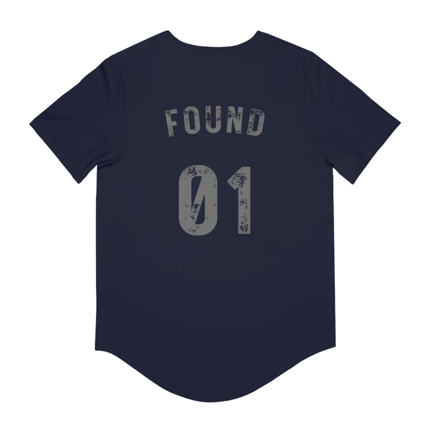 Navy baseball tee back with distressed FOUND 01 print and curved hem Christian graphic t-shirt Luke 15:4.
