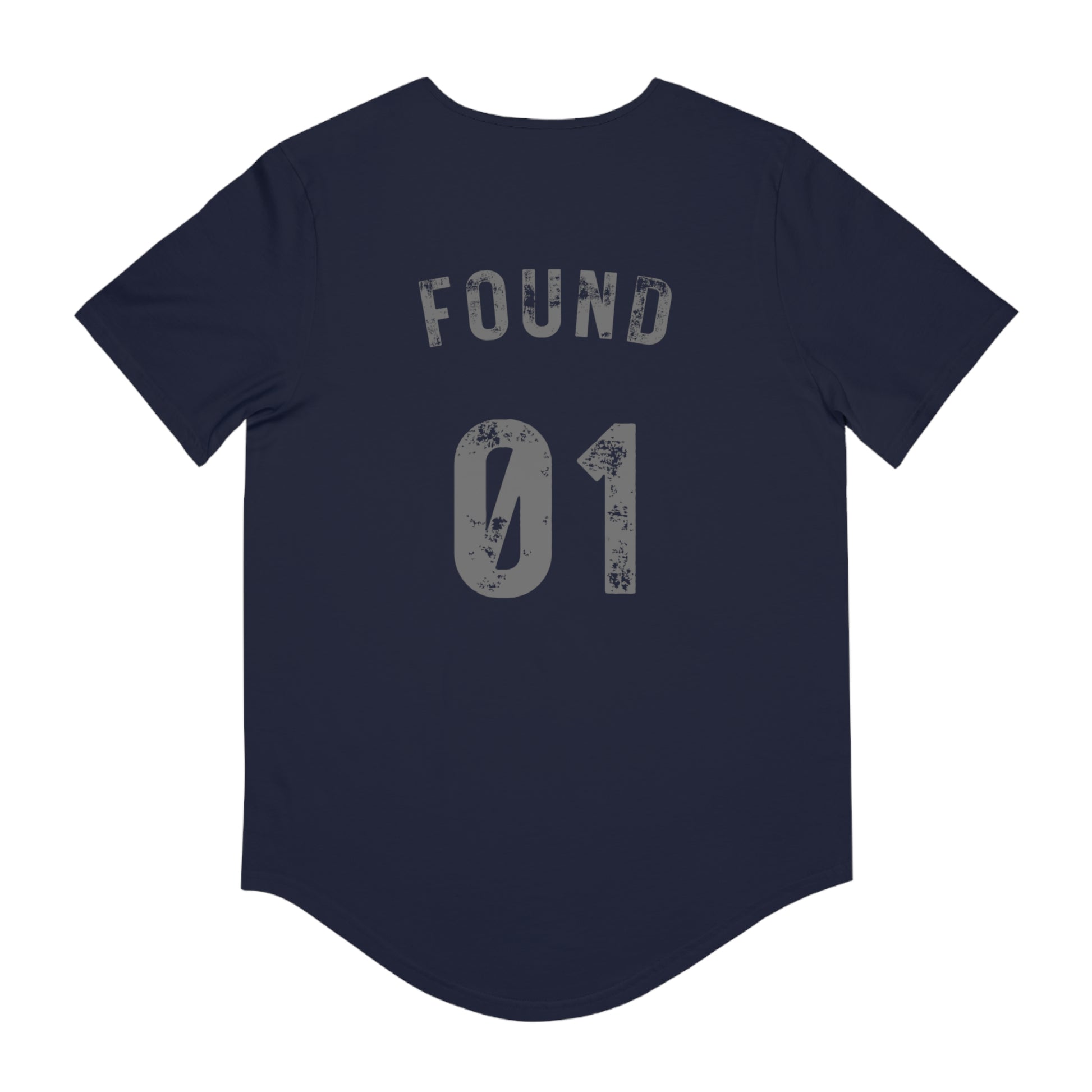 Navy baseball tee back with distressed FOUND 01 print and curved hem Christian graphic t-shirt Luke 15:4.