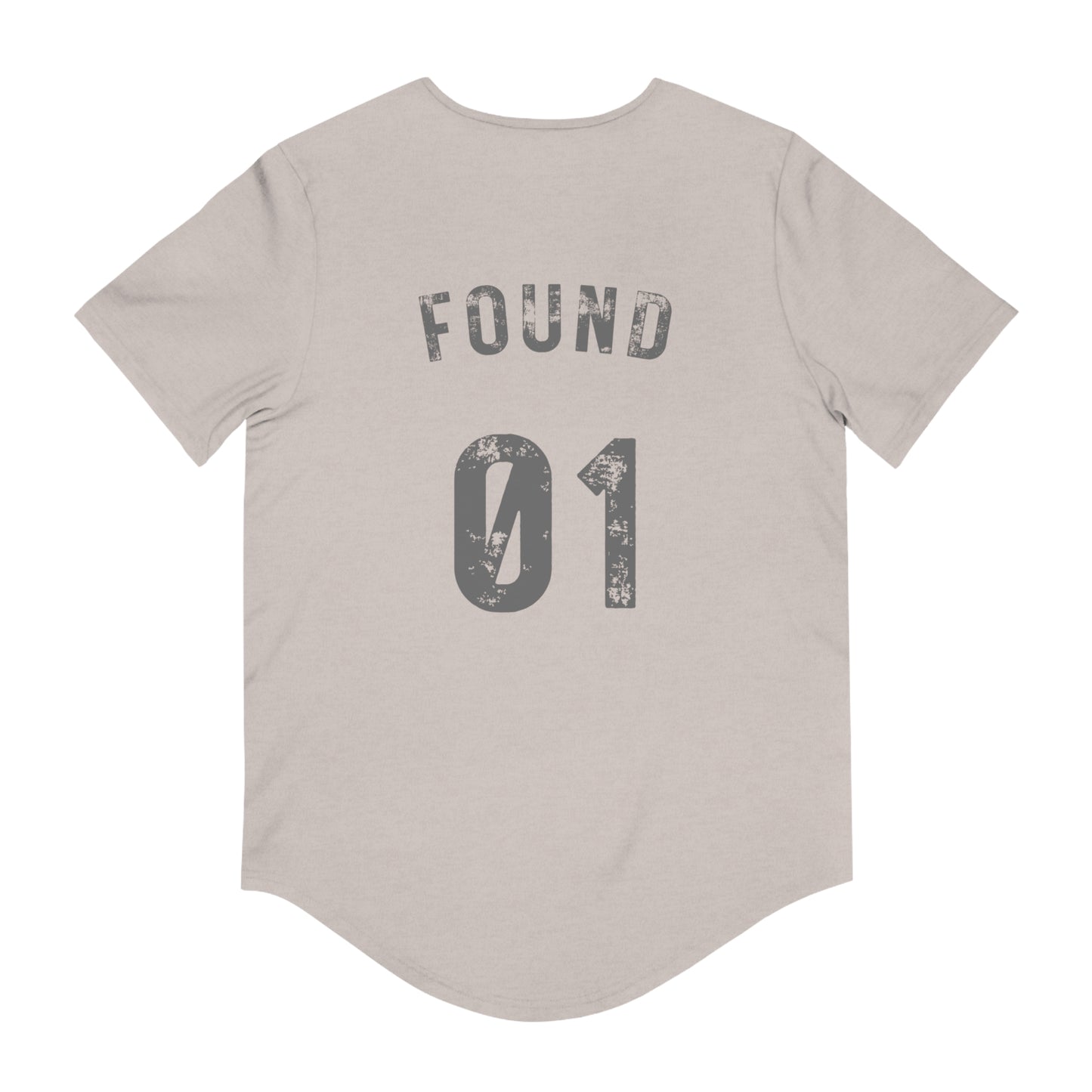 Back view beige T-shirt with distressed FOUND 01 print vintage jersey style Christian graphic t-shirt Luke 15:4
