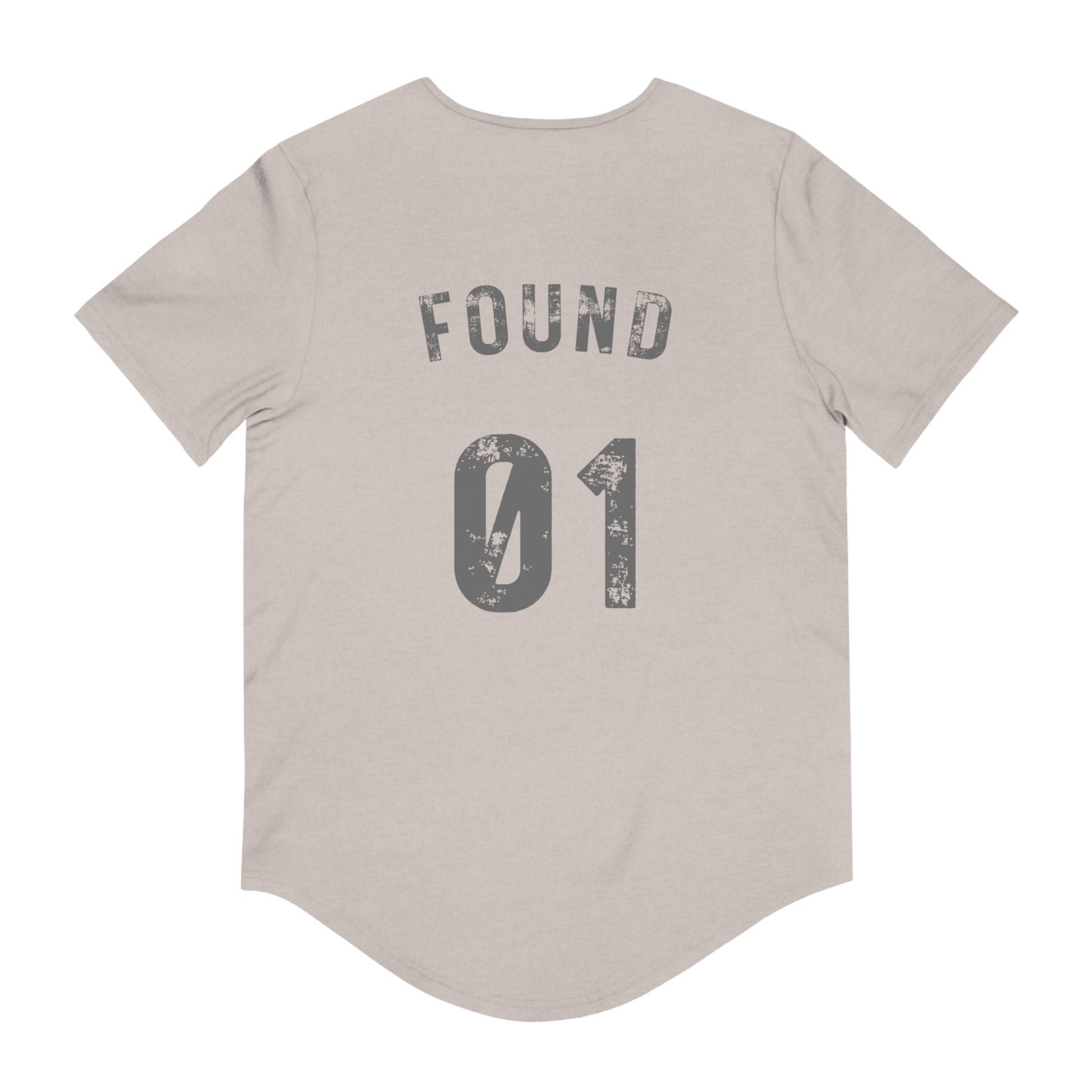 Back view beige T-shirt with distressed FOUND 01 print vintage jersey style Christian graphic t-shirt Luke 15:4