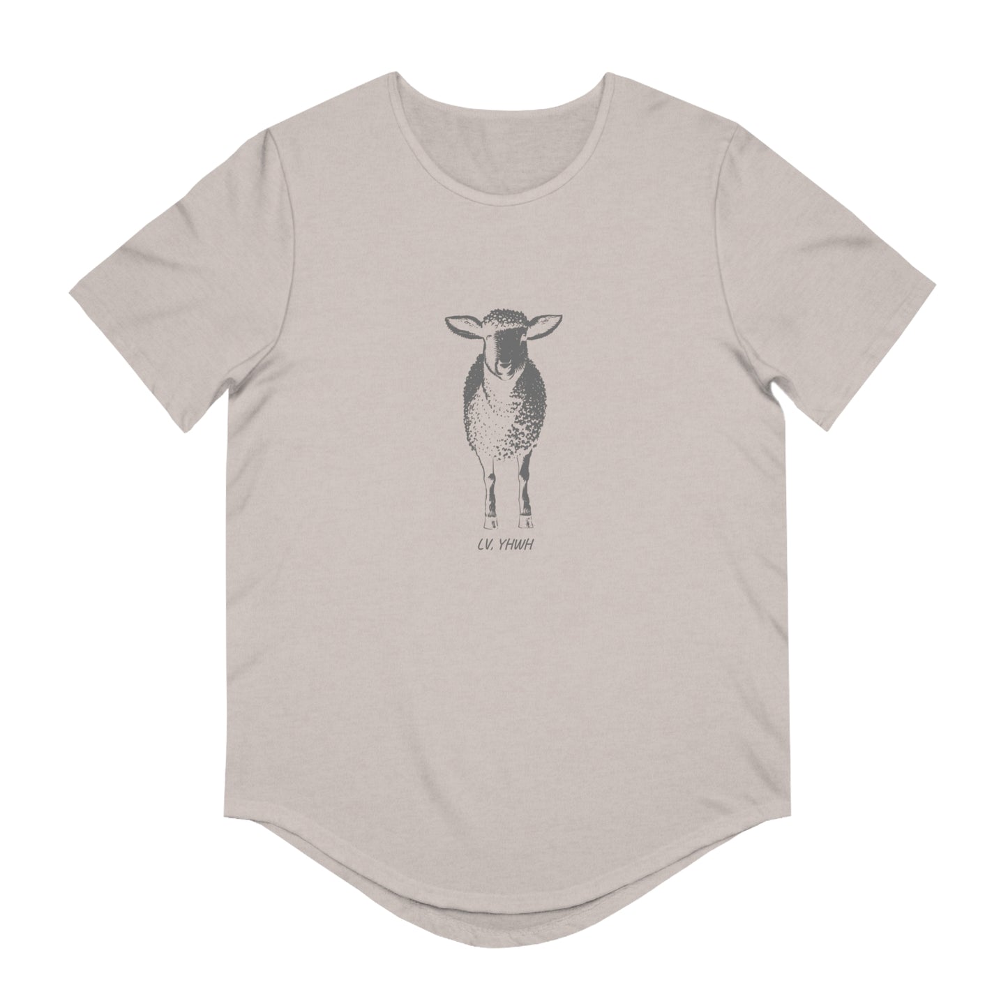 Printify beige tee with centered black sheep illustration and small print on front Christian graphic t-shirt Luke 15:4.