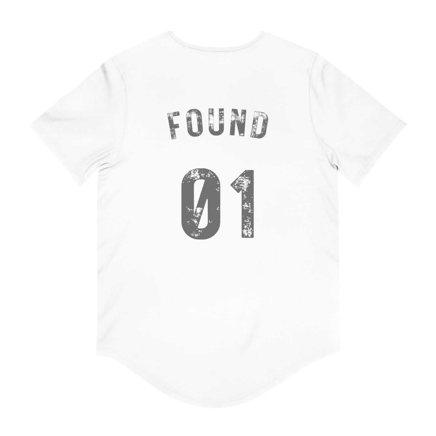 White Printify t-shirt back with distressed FOUND 01 design and Christian graphic t-shirt Luke 15:4.