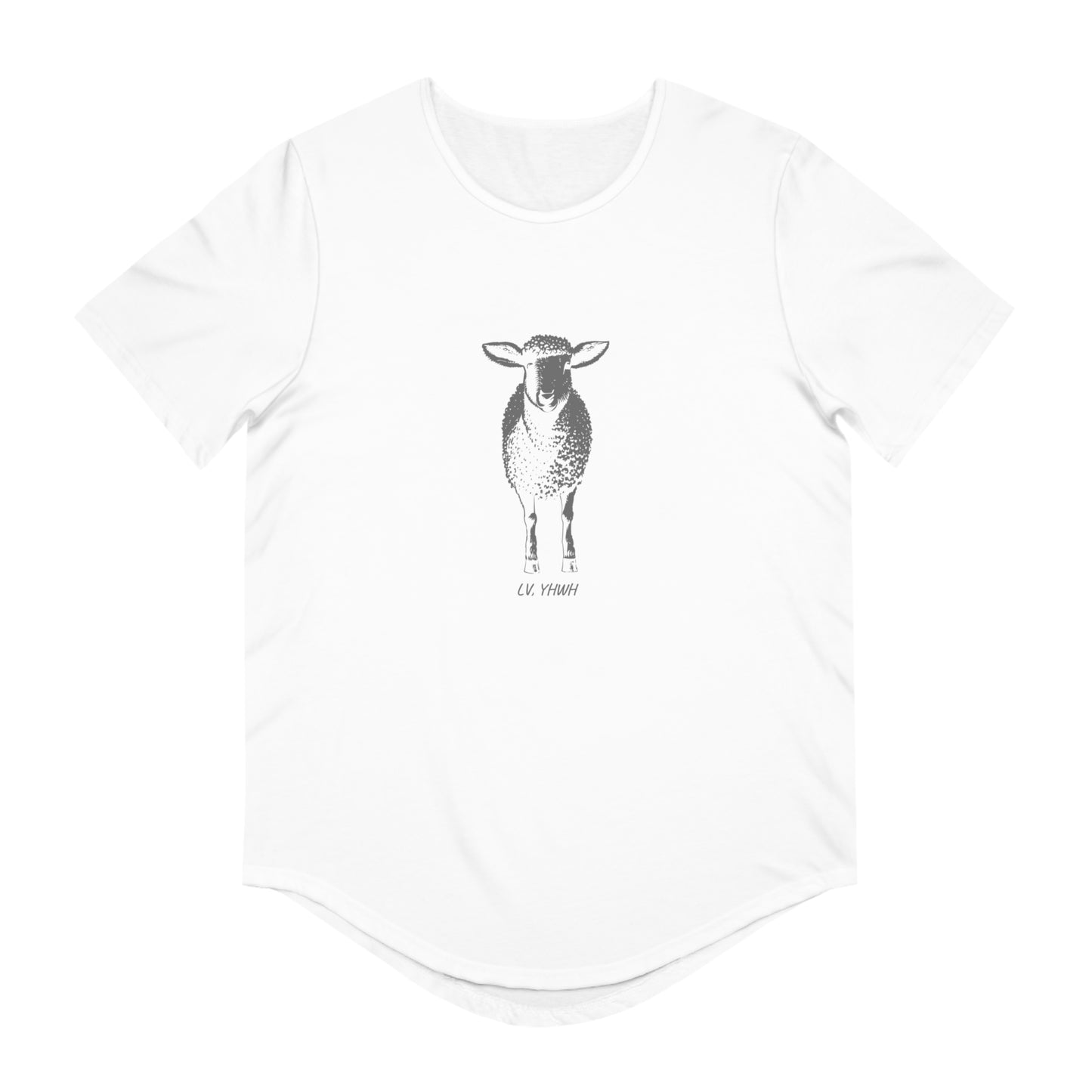 White Printify t-shirt with centered minimalist black sheep illustration and scripture text Christian graphic t-shirt Luke 15:4
