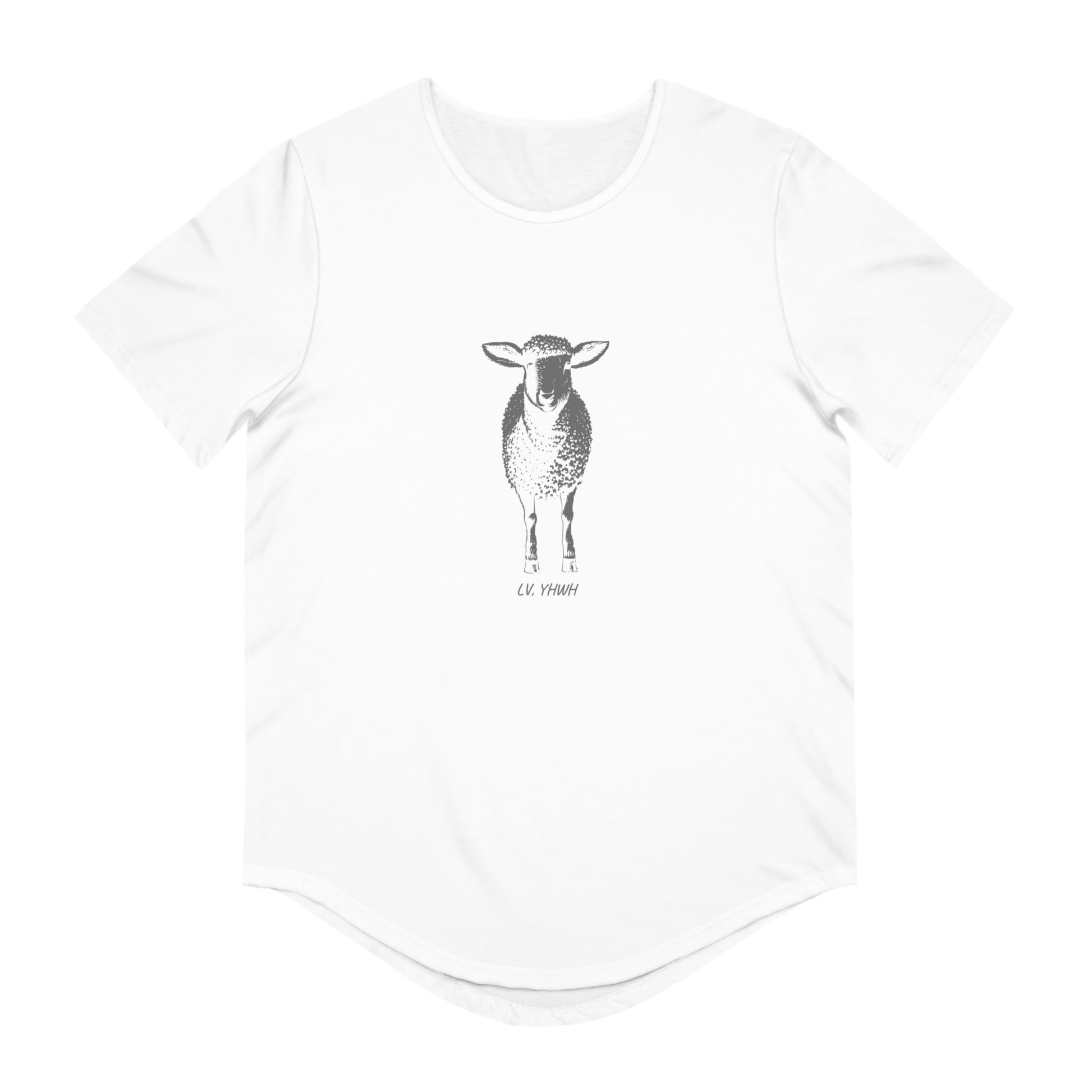 White Printify t-shirt with centered minimalist black sheep illustration and scripture text Christian graphic t-shirt Luke 15:4