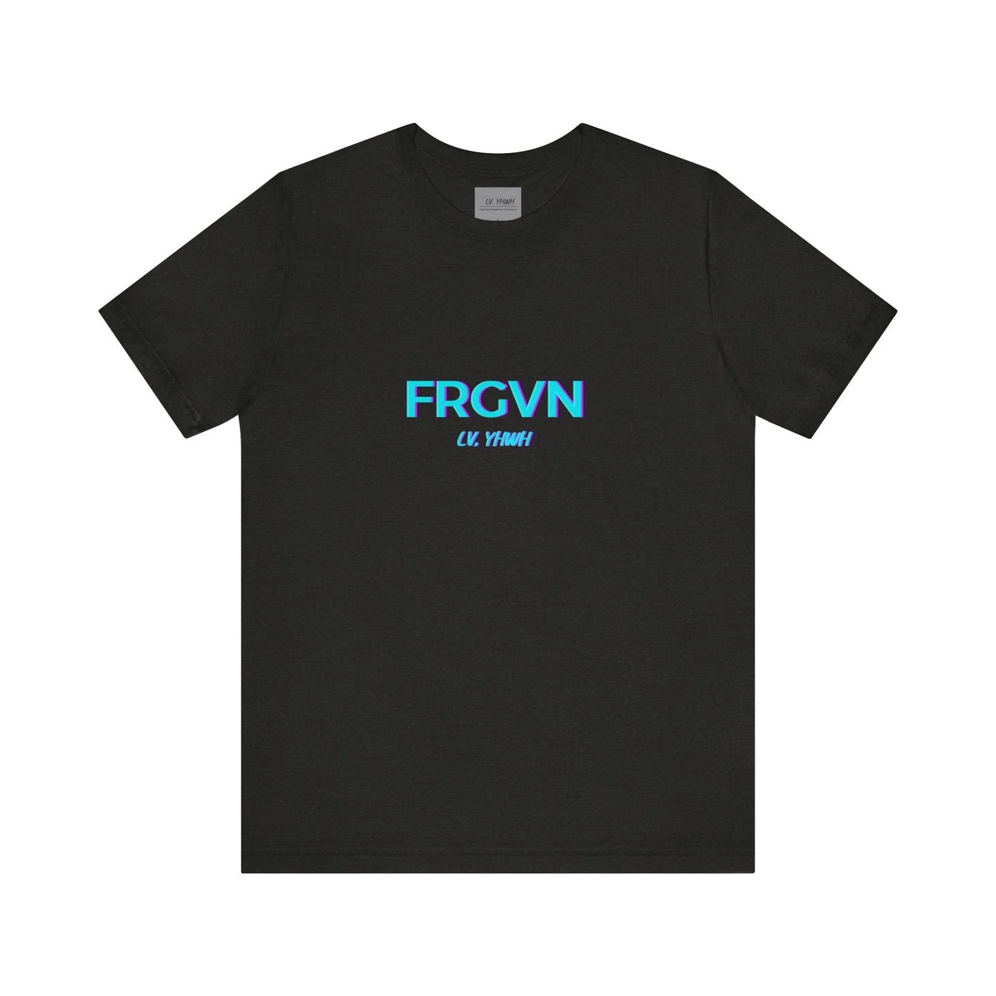 Printify black crewneck Christian graphic t-shirt with small centered turquoise FRGVN text logo for casual wear