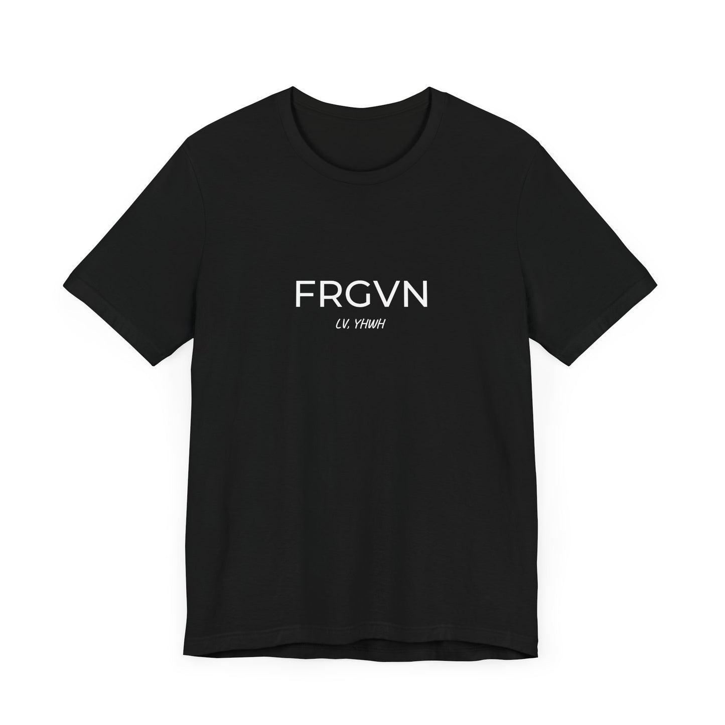 Black crew neck Christian graphic t-shirt with centered white FRGVN text and small tagline