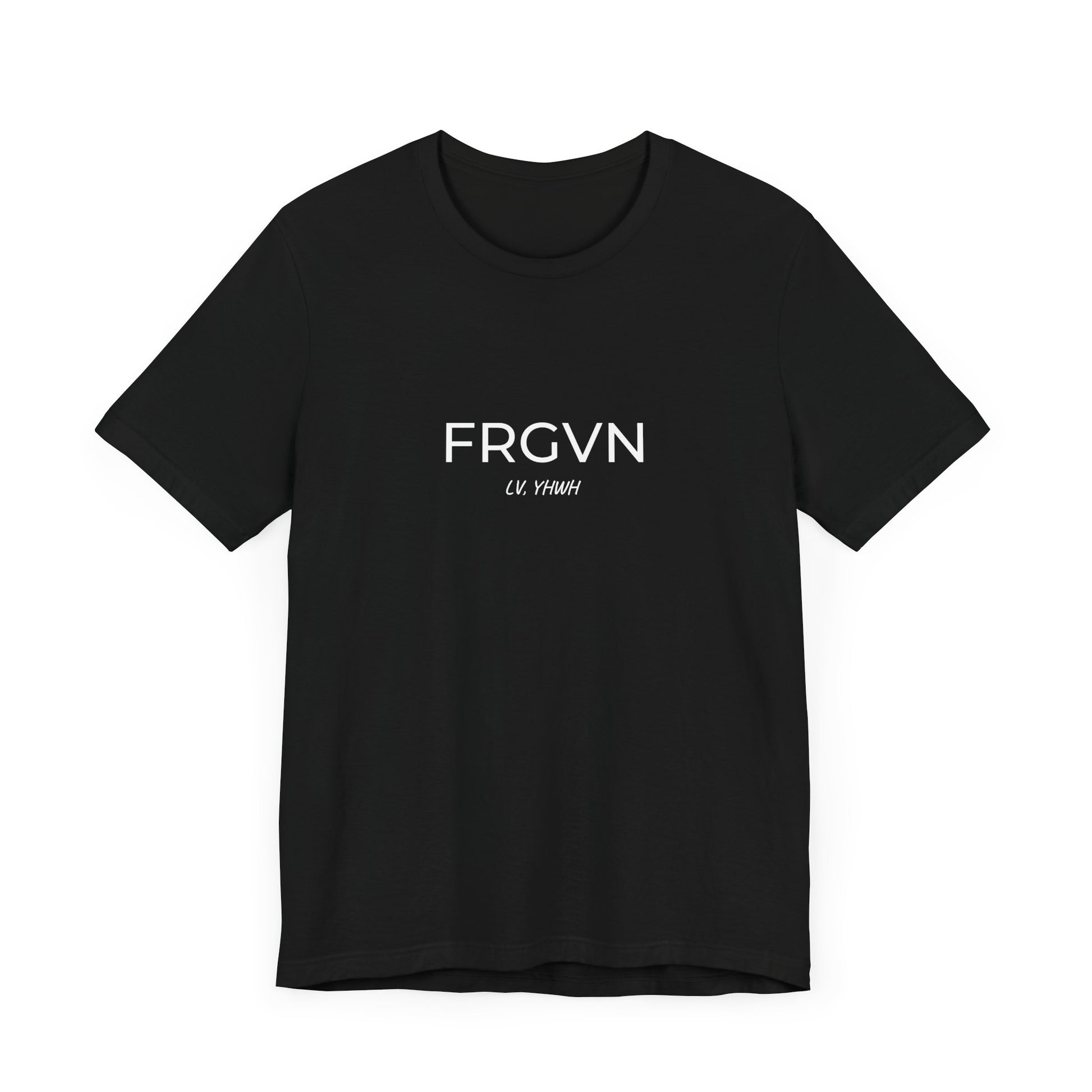 Black crew neck Christian graphic t-shirt with centered white FRGVN text and small tagline