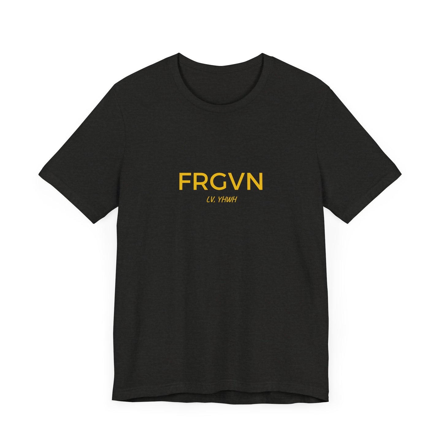 Printify black Christian graphic t-shirt featuring bold yellow FRGVN text centered with small script below for faith inspired