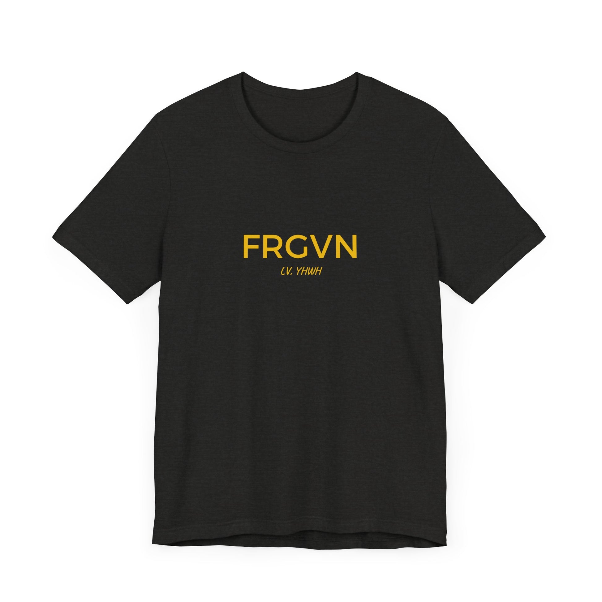 Printify black Christian graphic t-shirt featuring bold yellow FRGVN text centered with small script below for faith inspired
