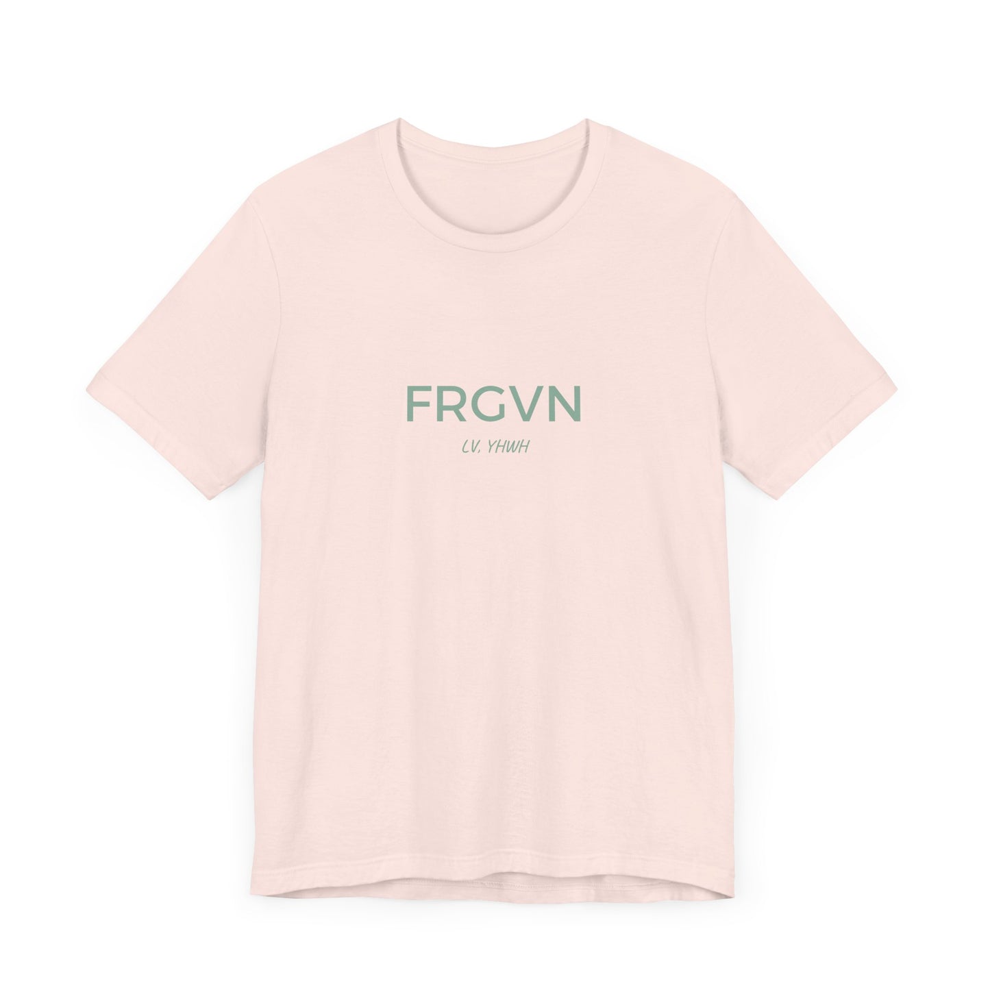 Printify light pink cotton tee with minimalist FRGVN text design Christian graphic t-shirt for faith inspired style