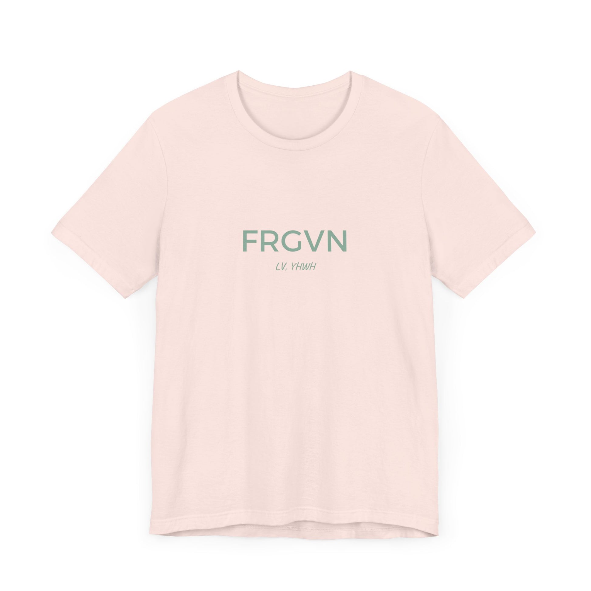 Printify light pink cotton tee with minimalist FRGVN text design Christian graphic t-shirt for faith inspired style