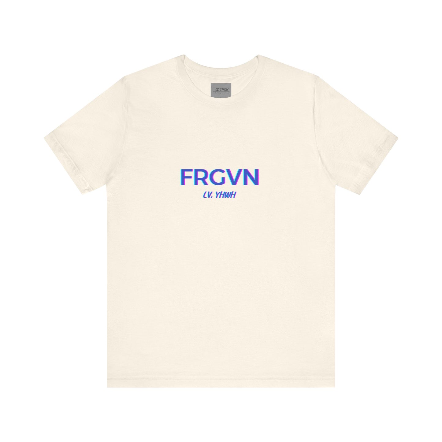 Printify cream crew neck Christian graphic t-shirt with blue FRGVN center print and small script logo below