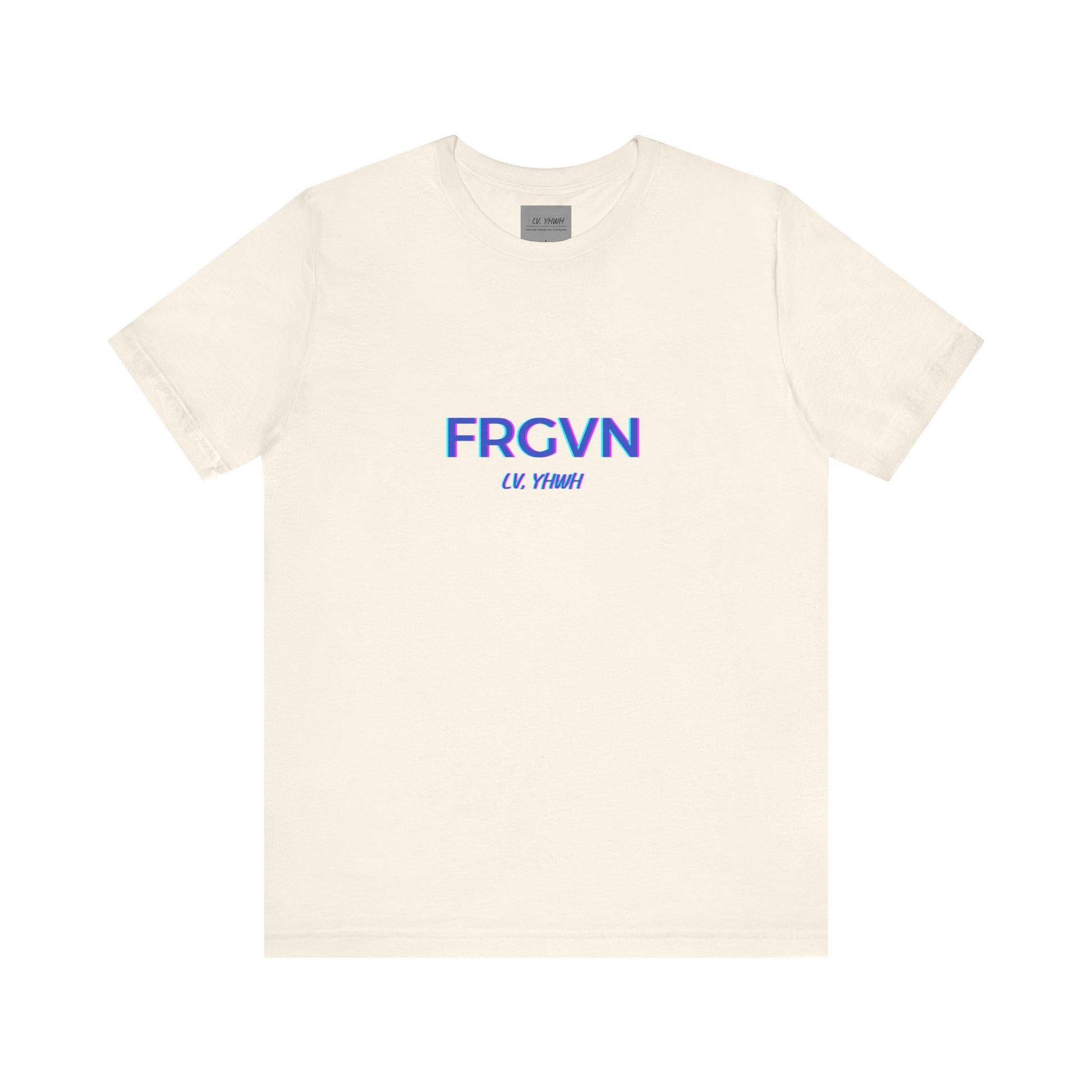 Printify cream crew neck Christian graphic t-shirt with blue FRGVN center print and small script logo below