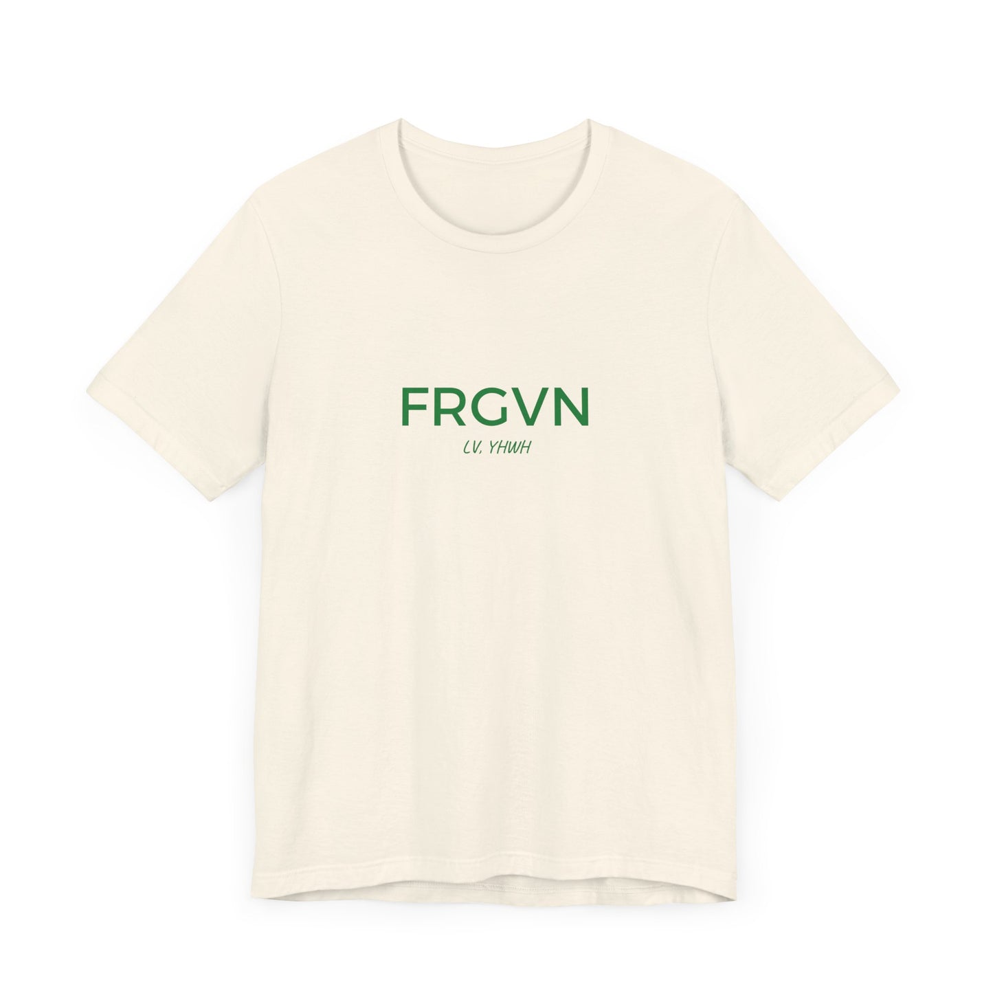 Off white Printify t shirt with green FRGVN text and small Lv YHWH script Christian graphic t-shirt