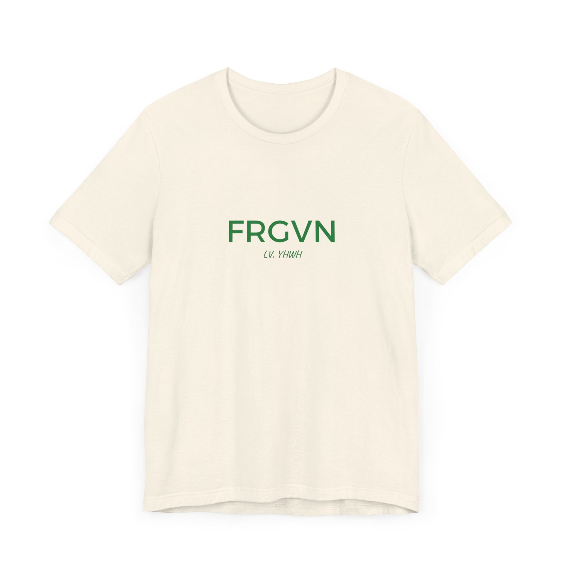 Off white Printify t shirt with green FRGVN text and small Lv YHWH script Christian graphic t-shirt