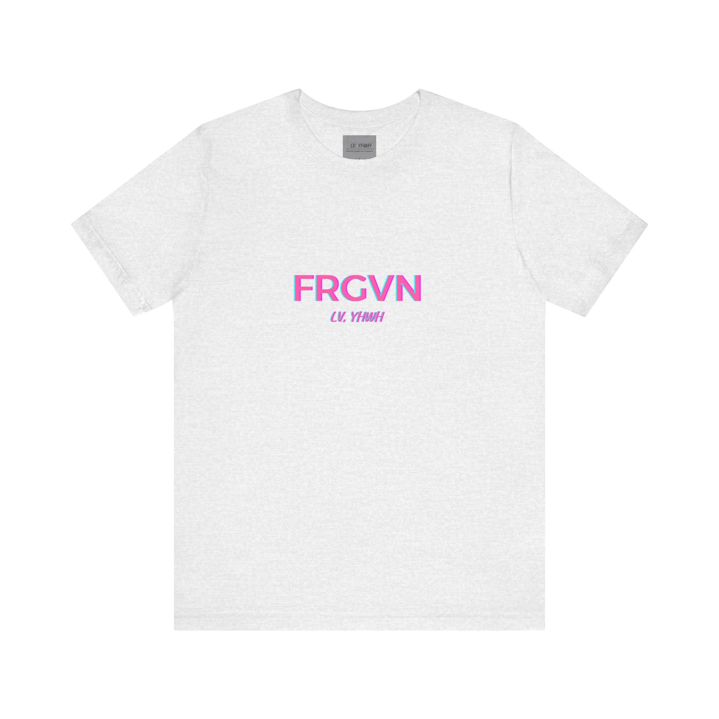 Printify white tee with small pink FRGVN logo and script tagline centered on chest minimalist Christian graphic t-shirt for casual wear