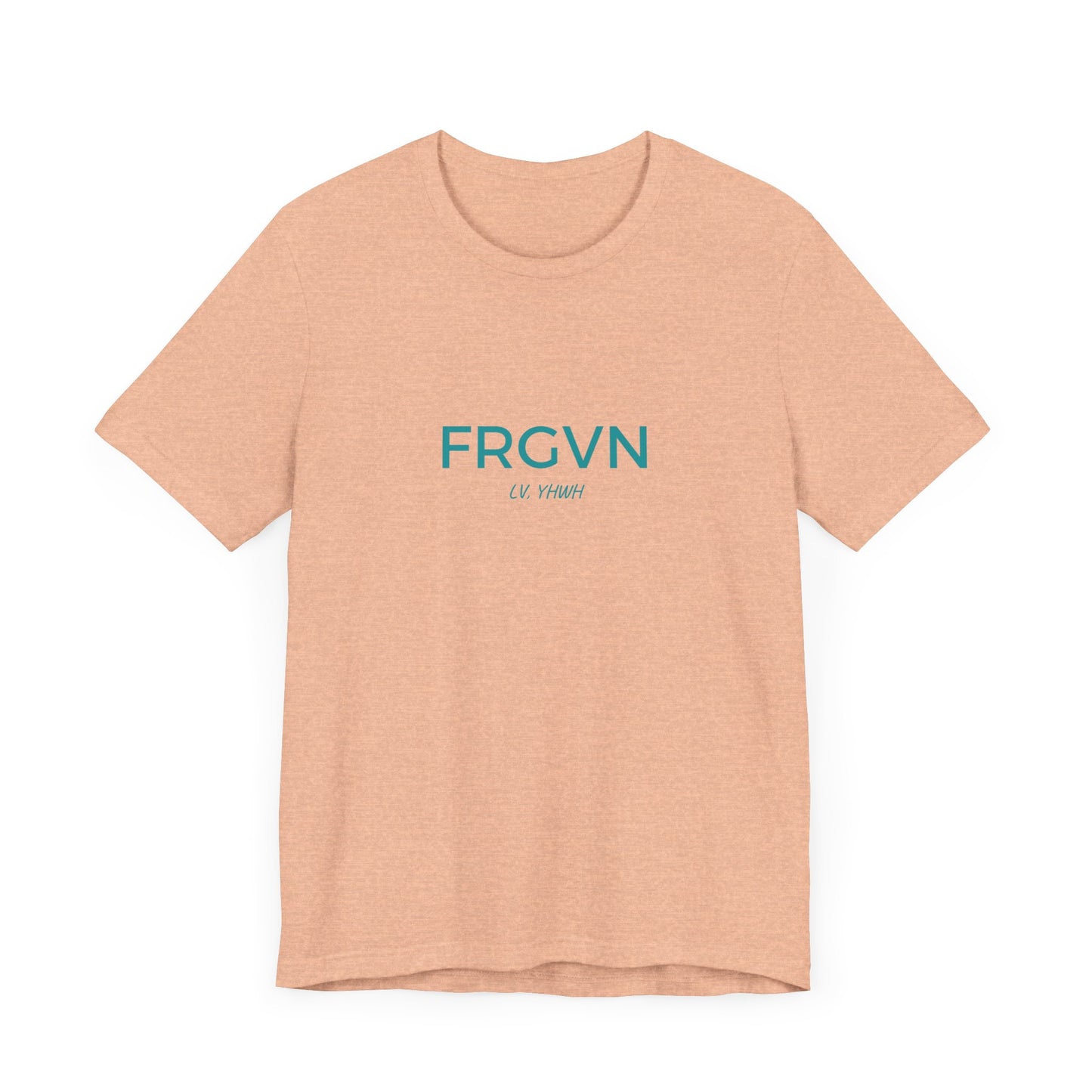 Printify peach unisex t shirt with teal FRGVN text and subtle faith motif Christian graphic t-shirt