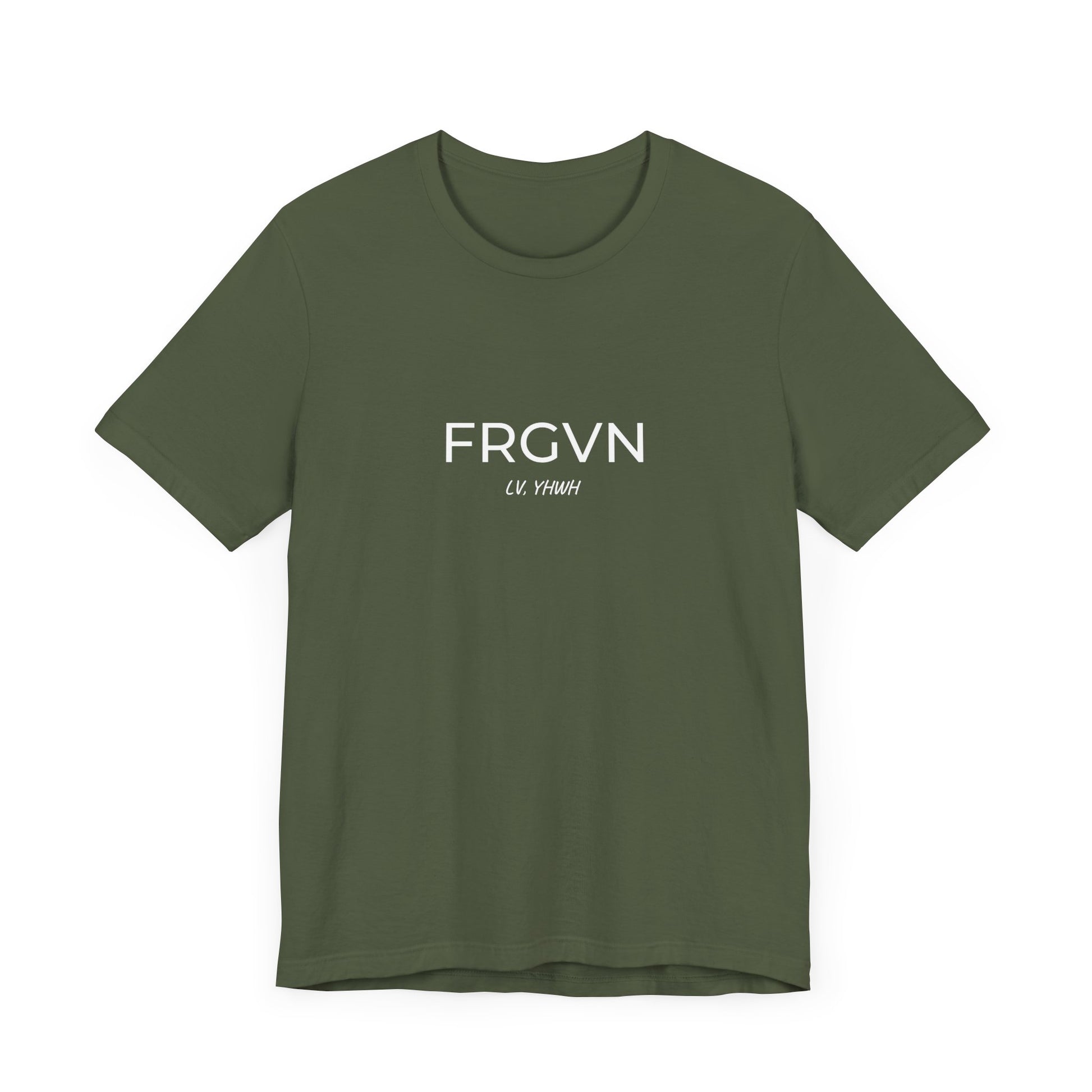 Olive green crew neck Printify Christian graphic t-shirt with white FRGVN centered on chest