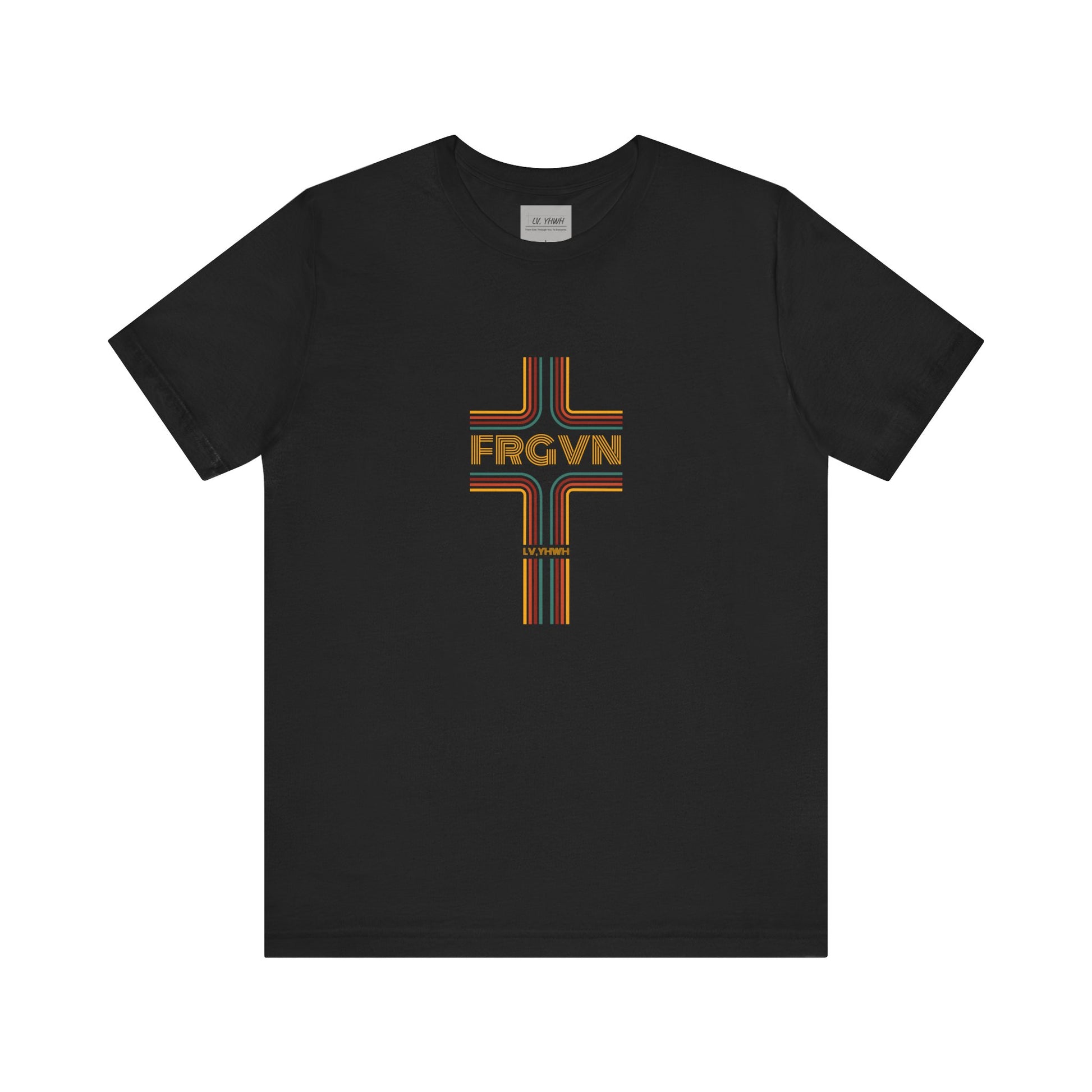 Printify black Christian graphic t-shirt with retro striped cross design featuring FRGVN lettering
