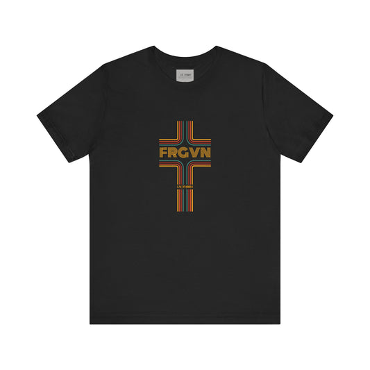 Printify black Christian graphic t-shirt with retro striped cross design featuring FRGVN lettering