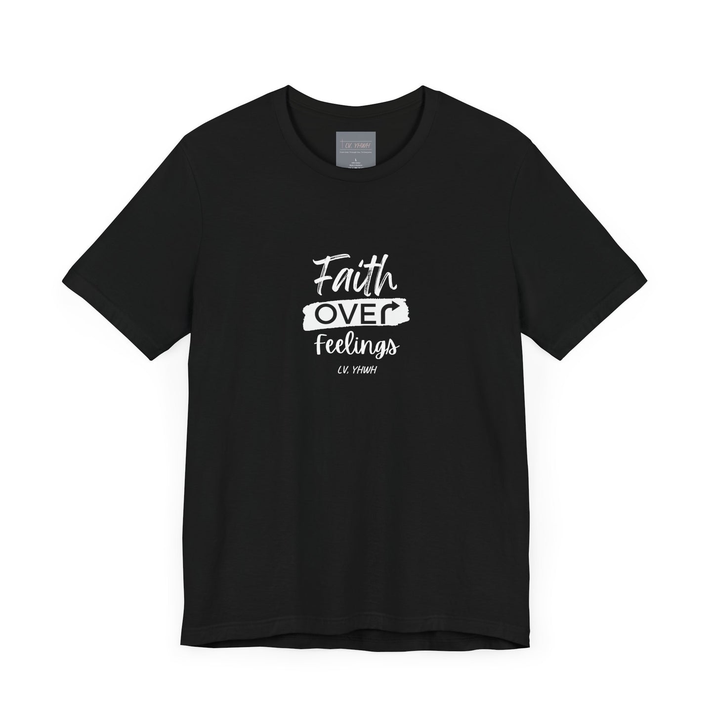 Printify black crewneck faith over feelings t-shirt with white script lettering and relaxed casual fit