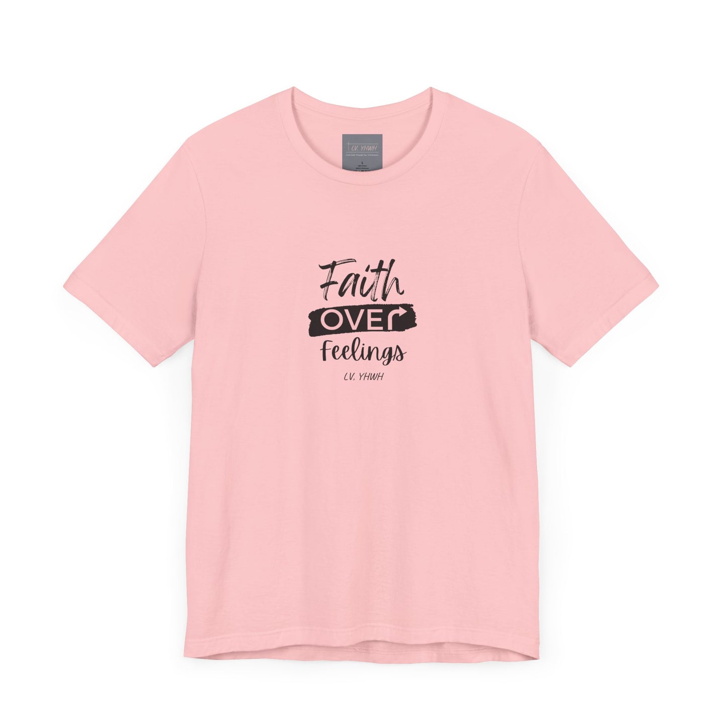 Light pink Printify cotton tee with centered black script faith over feelings t-shirt design