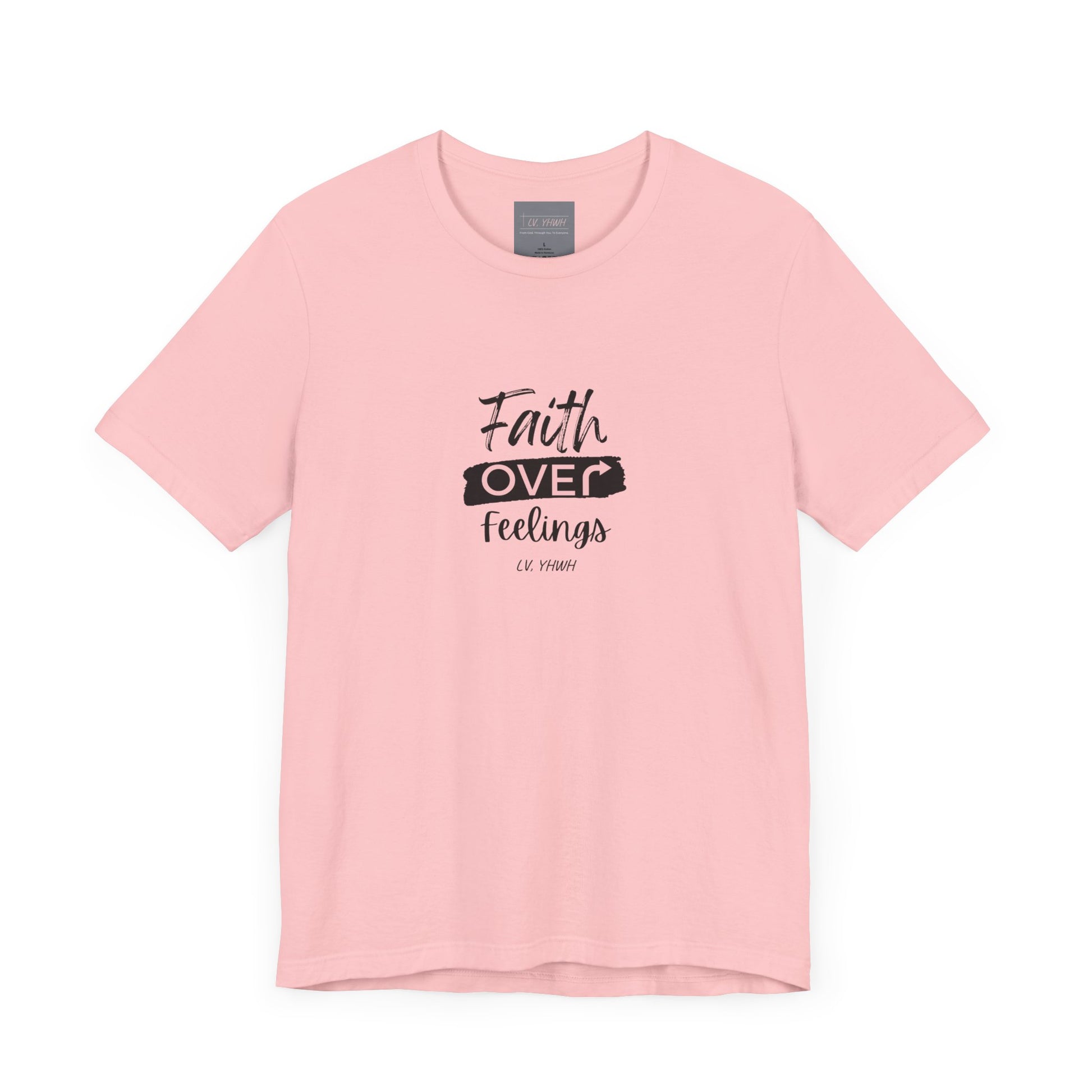 Light pink Printify cotton tee with centered black script faith over feelings t-shirt design