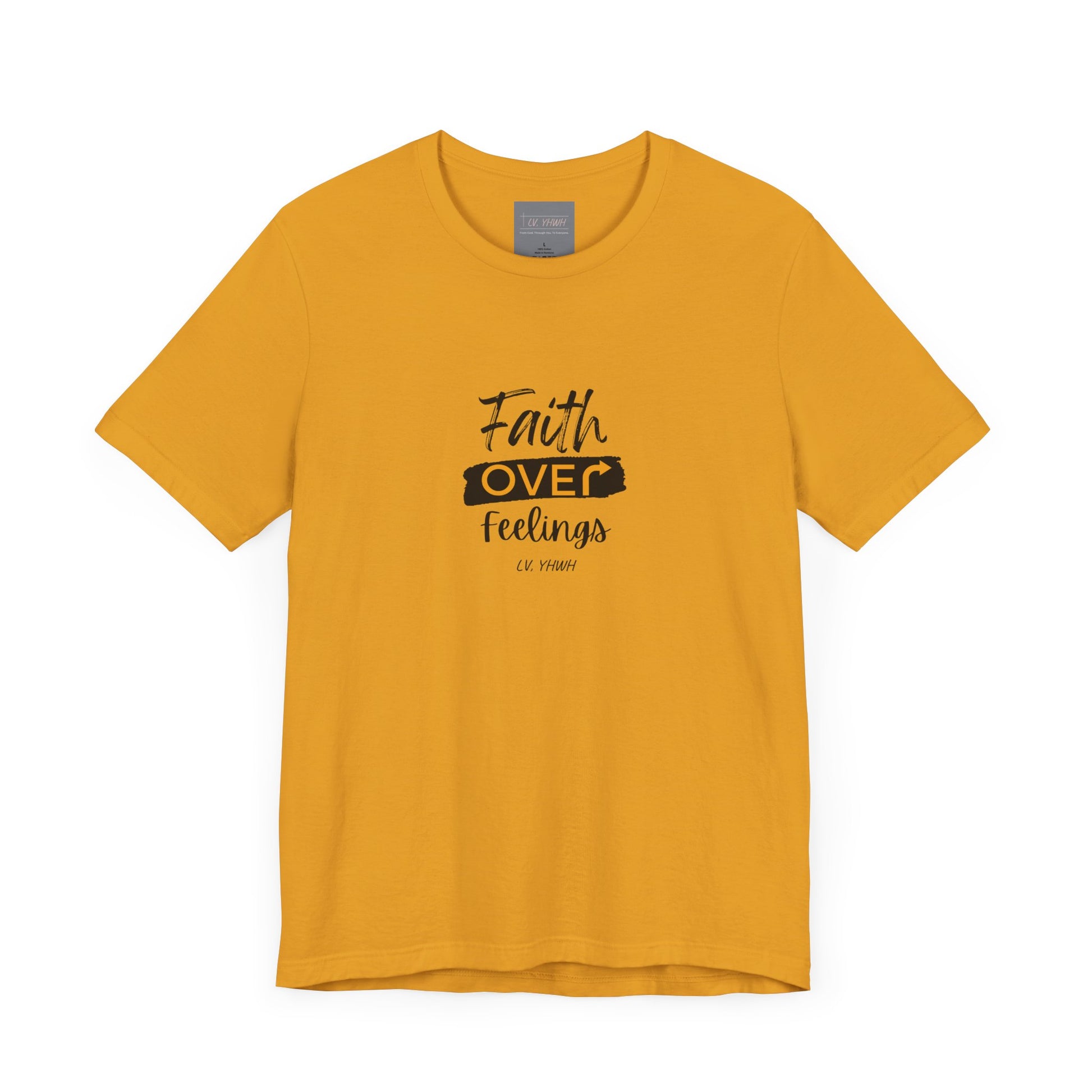 Printify mustard yellow cotton crew neck faith over feelings t-shirt with centered black script design