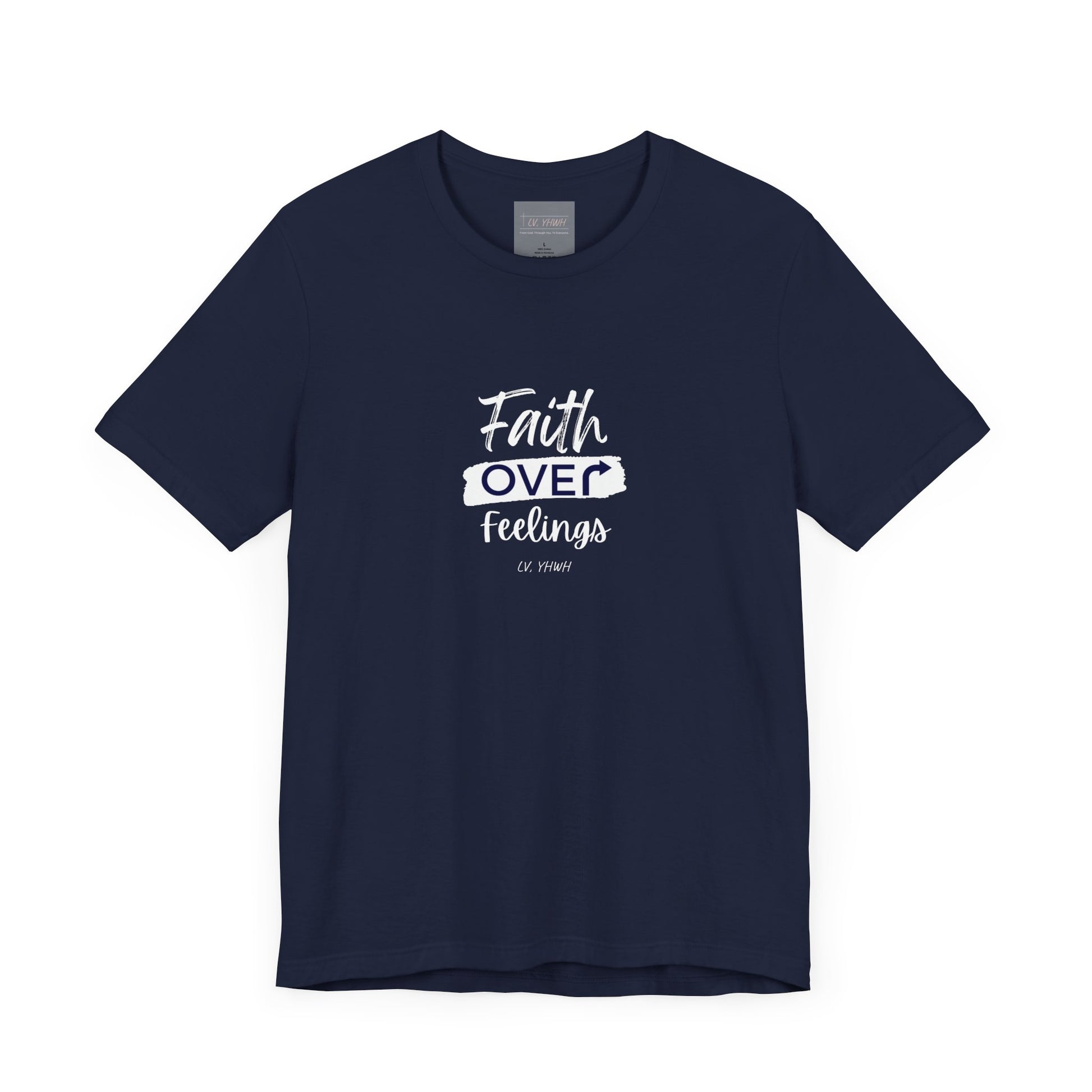 Printify navy crew neck faith over feelings t-shirt with white centered inspirational script design