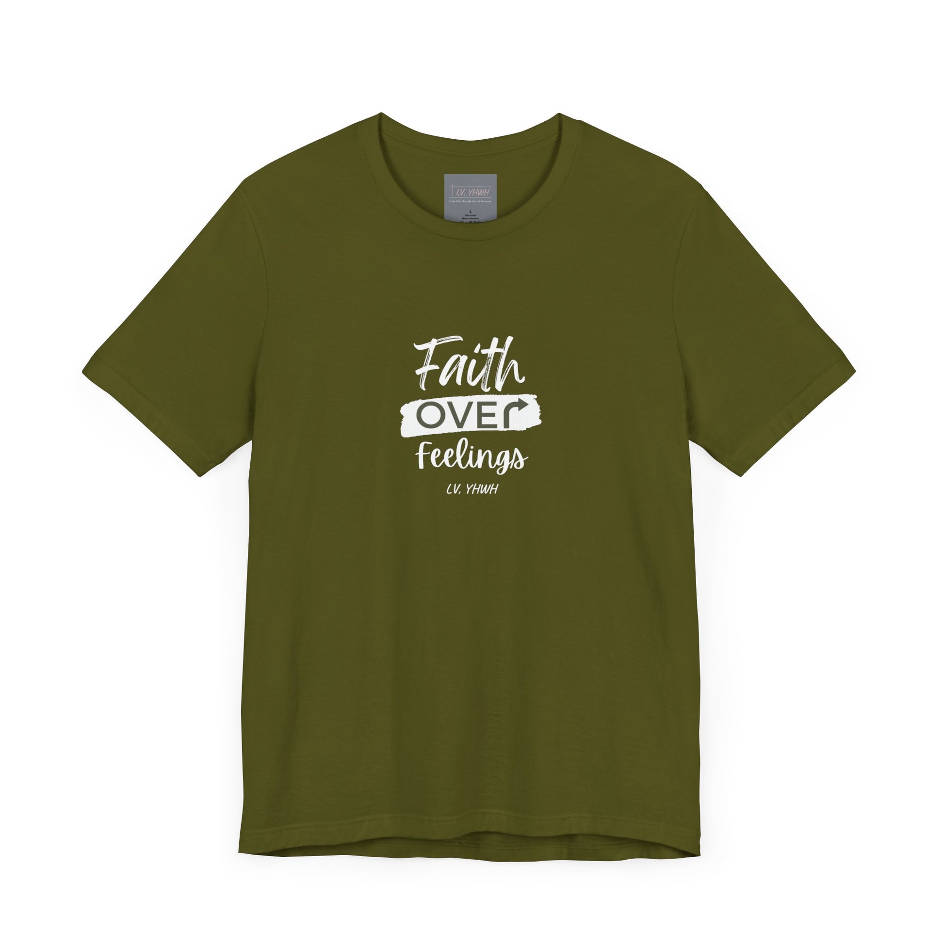 Printify olive green faith over feelings t-shirt with white script typography Christian message casual tee