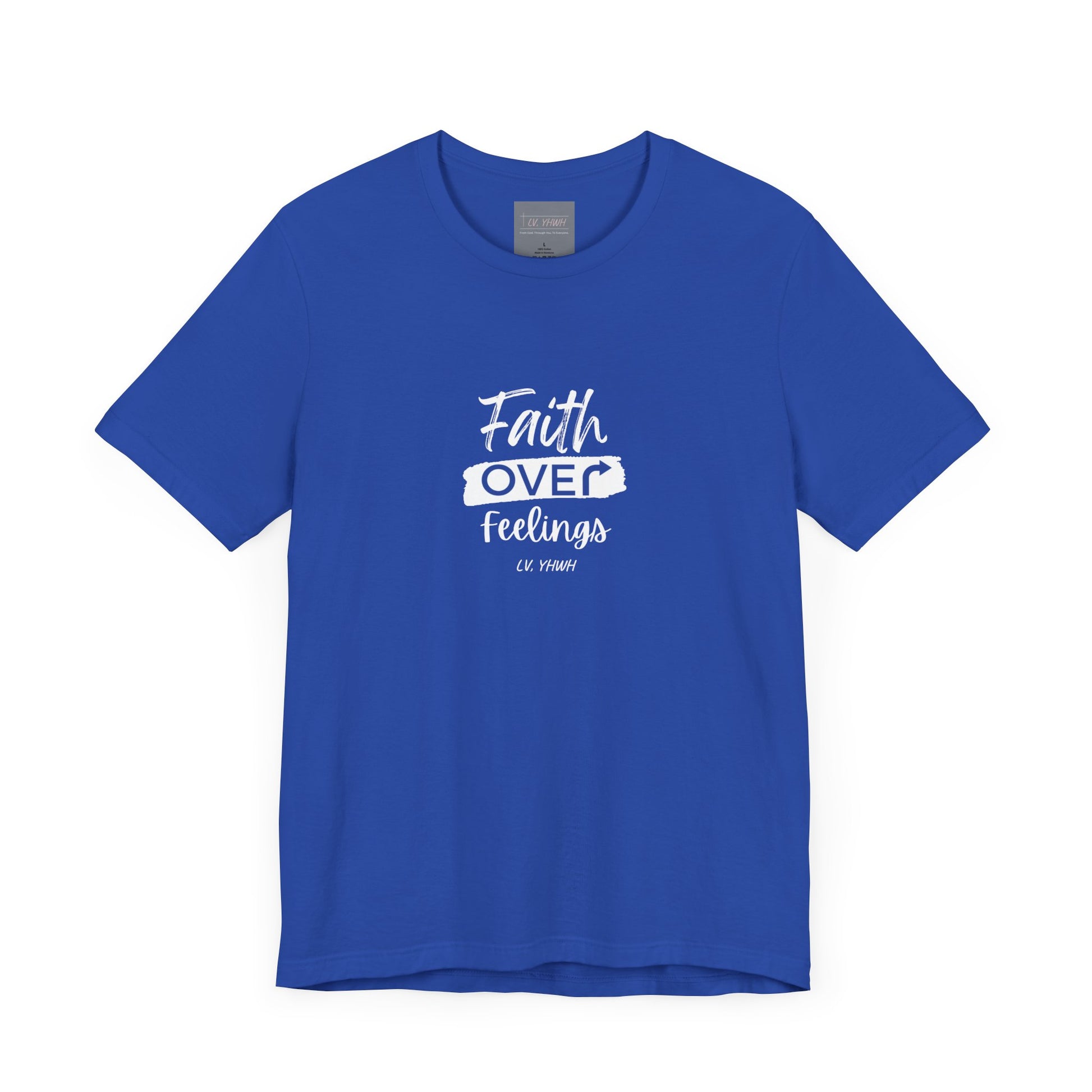 Blue unisex crewneck faith over feelings t-shirt with white script and heart graphic centered on chest