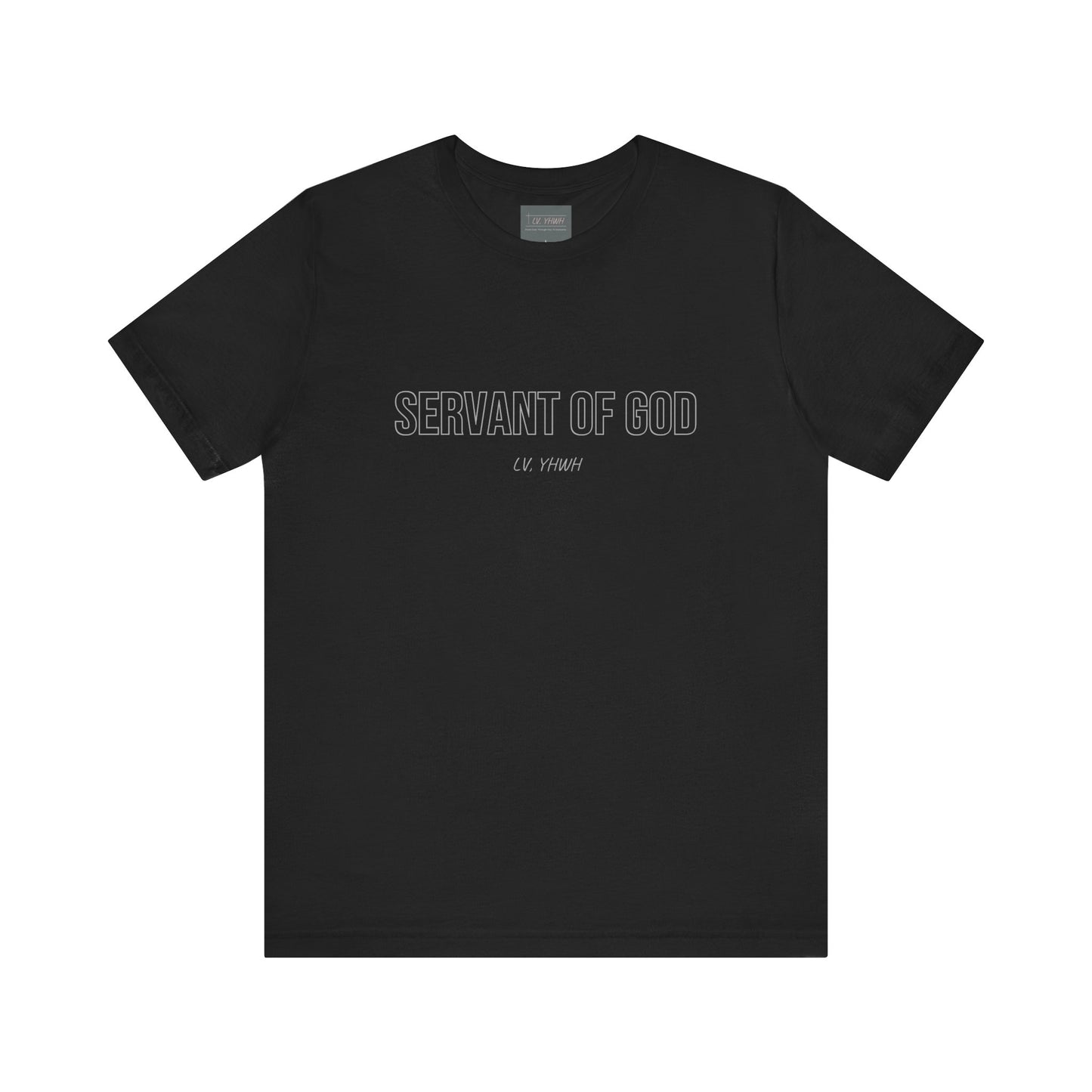 Printify black crewneck servant of God t-shirt with bold center text and minimalist Christian streetwear style