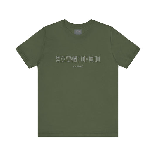 Printify olive green crewneck servant of God t-shirt with outlined white text centered casual faith tee