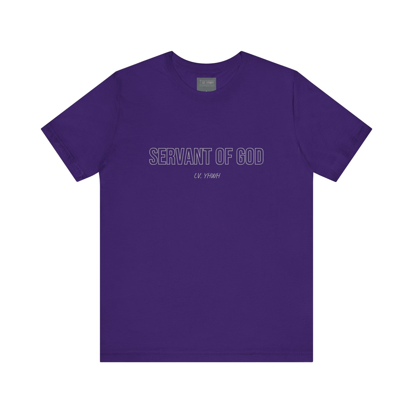 Purple crew neck short sleeve Printify servant of God t-shirt with centered white outlined text reading SERVANT OF GOD