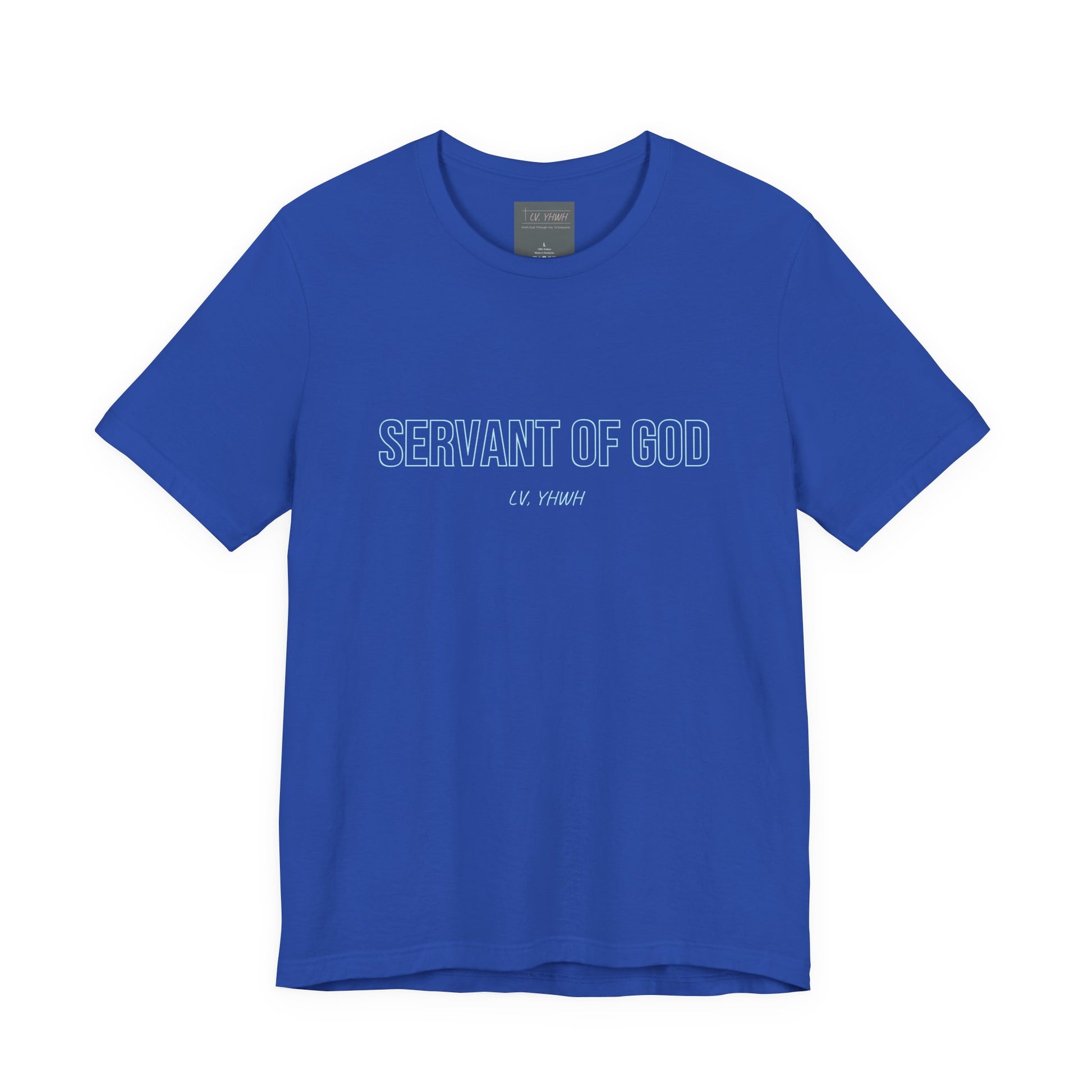 Blue Printify crewneck servant of God t-shirt with bold center text and small scripture reference
