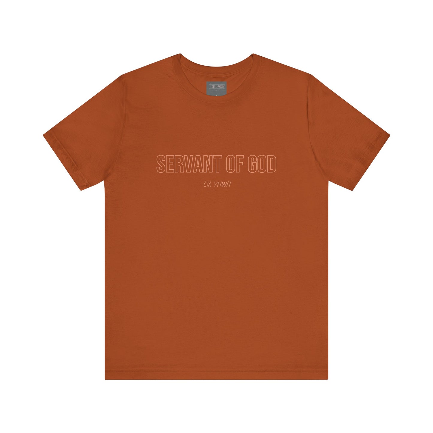 Printify servant of God t-shirt burnt orange unisex crew neck with centered minimalist outlined text design