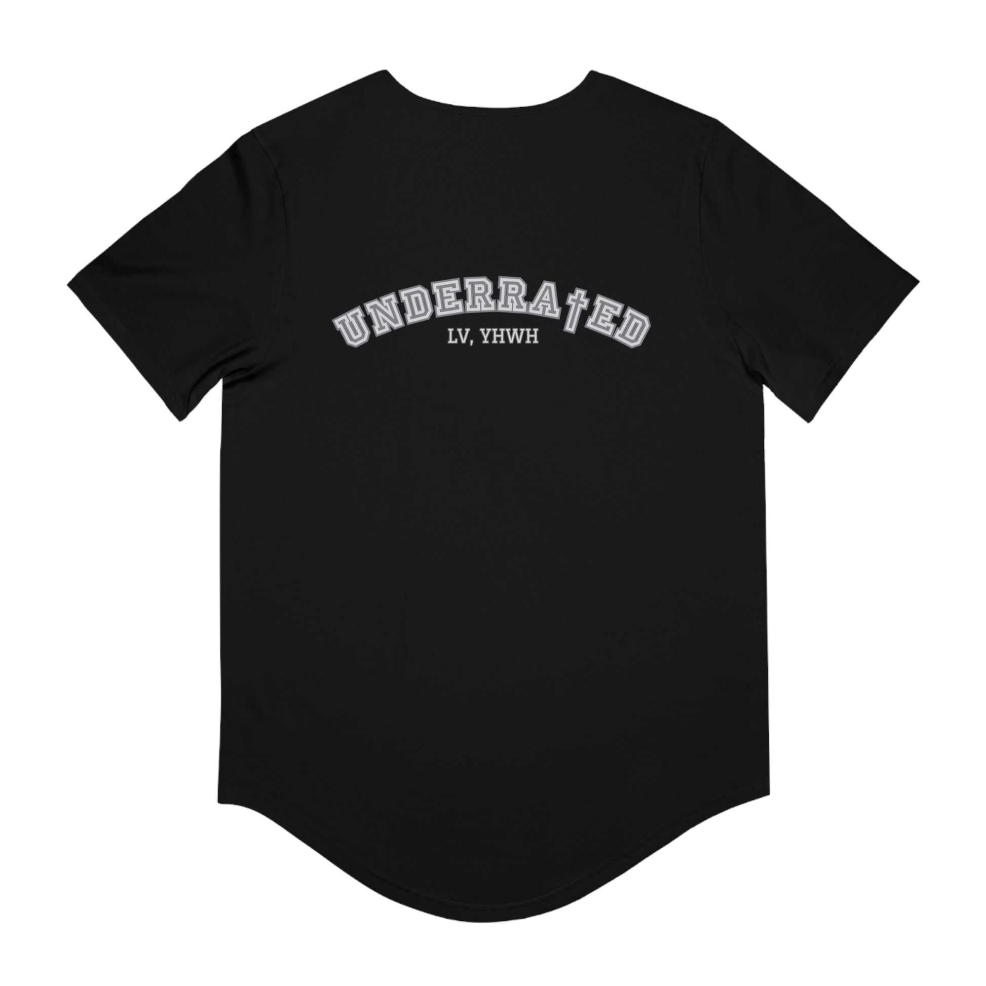 Printify black tee with curved Underrated LV YHWH back print Christian graphic t-shirt
