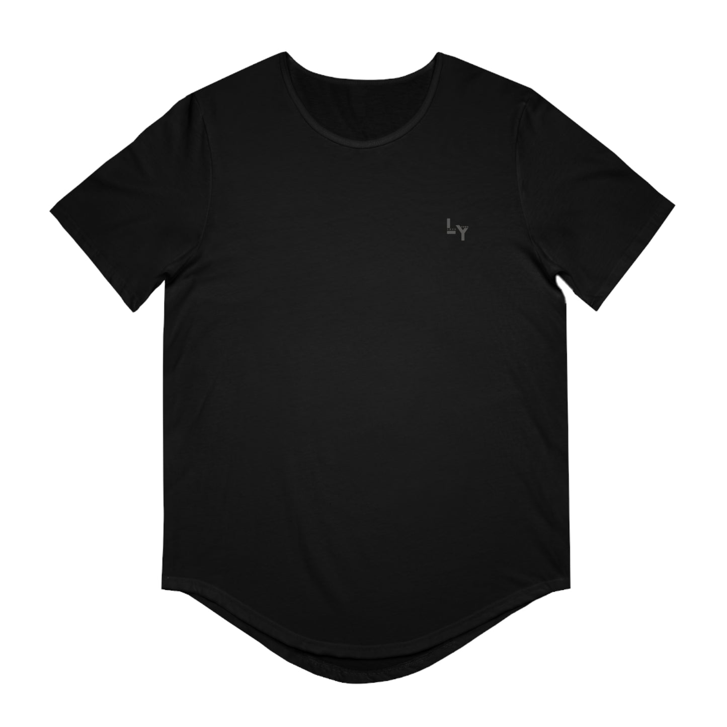 Black curved hem crew neck Christian graphic t-shirt with small chest logo short sleeves by Printify