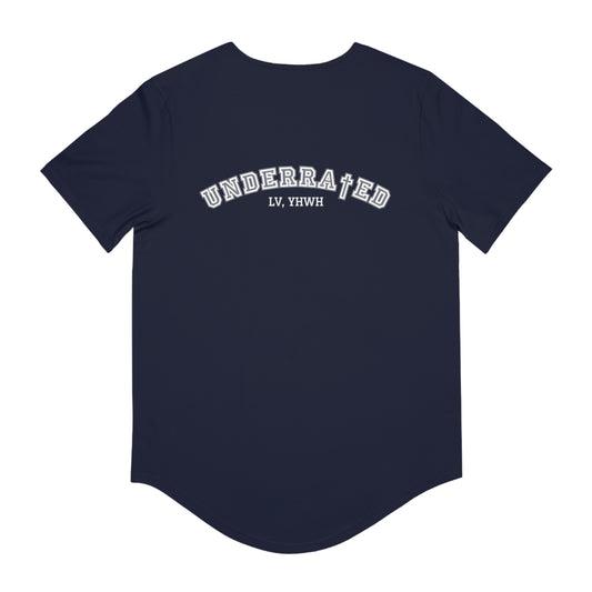 Printify navy curved hem t shirt back view with arched white UNDERRATED and LV YHWH print Christian graphic t-shirt