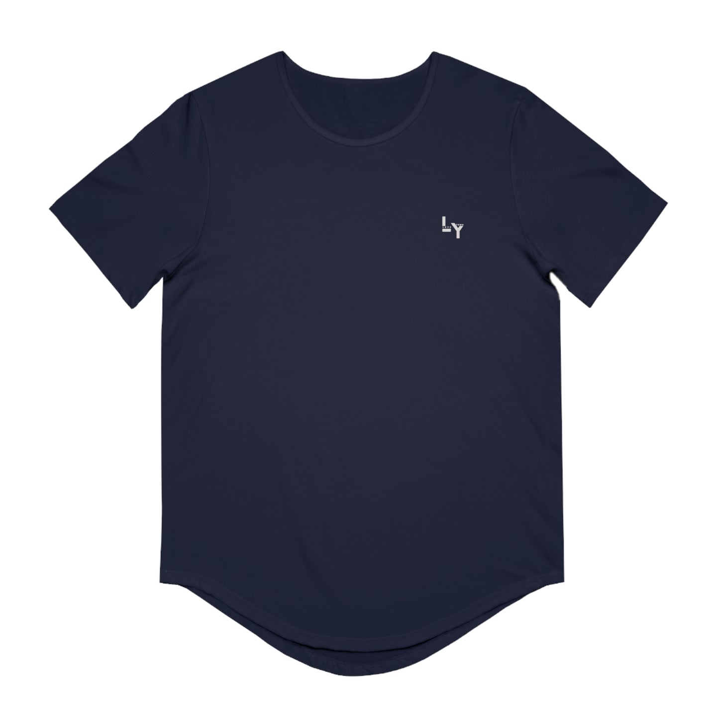 Printify navy curved hem t shirt with small white chest logo casual Christian graphic t-shirt for everyday wear