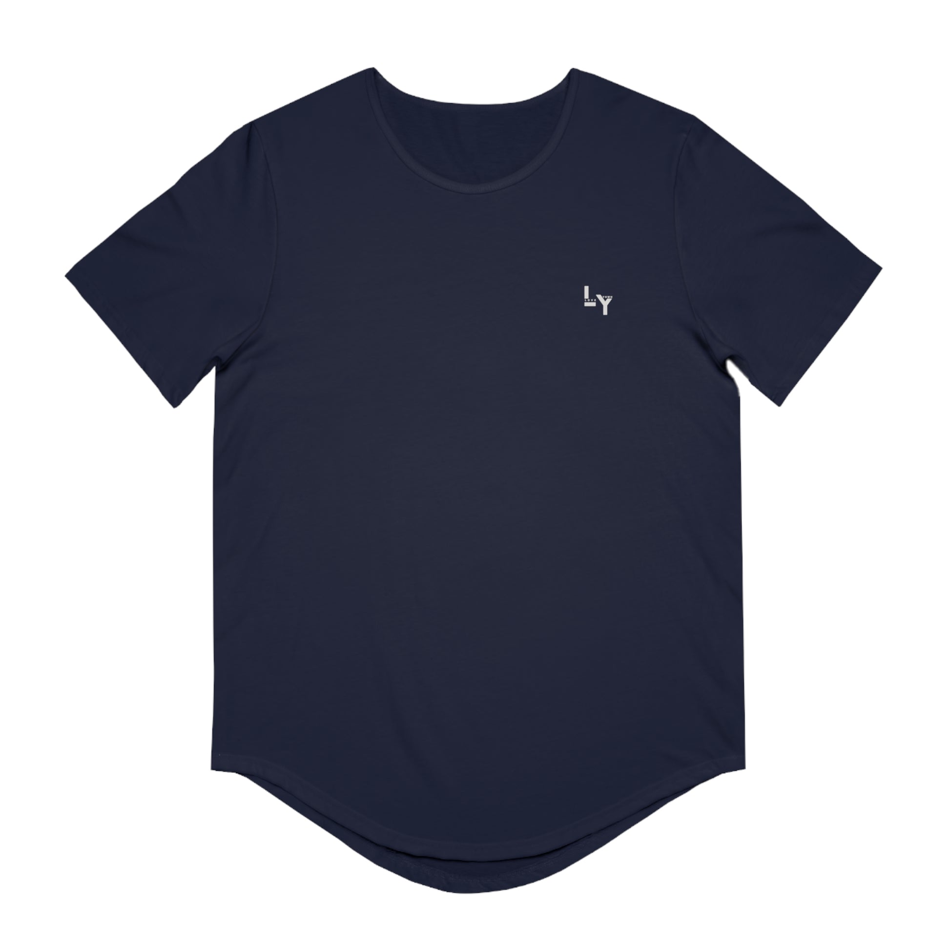 Printify navy curved hem t shirt with small white chest logo casual Christian graphic t-shirt for everyday wear