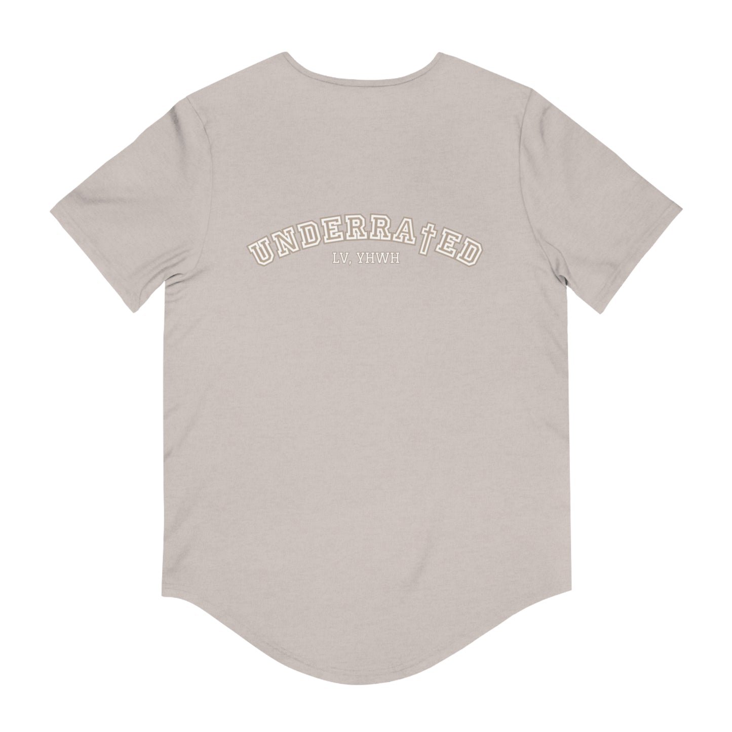 Printify beige curved hem t shirt back with UNDERRATED arch and LV YHWH print Christian graphic t-shirt