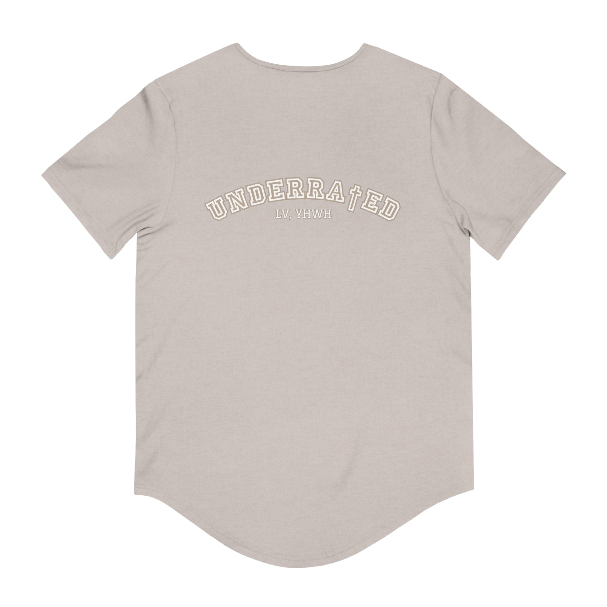 Printify beige curved hem t shirt back with UNDERRATED arch and LV YHWH print Christian graphic t-shirt