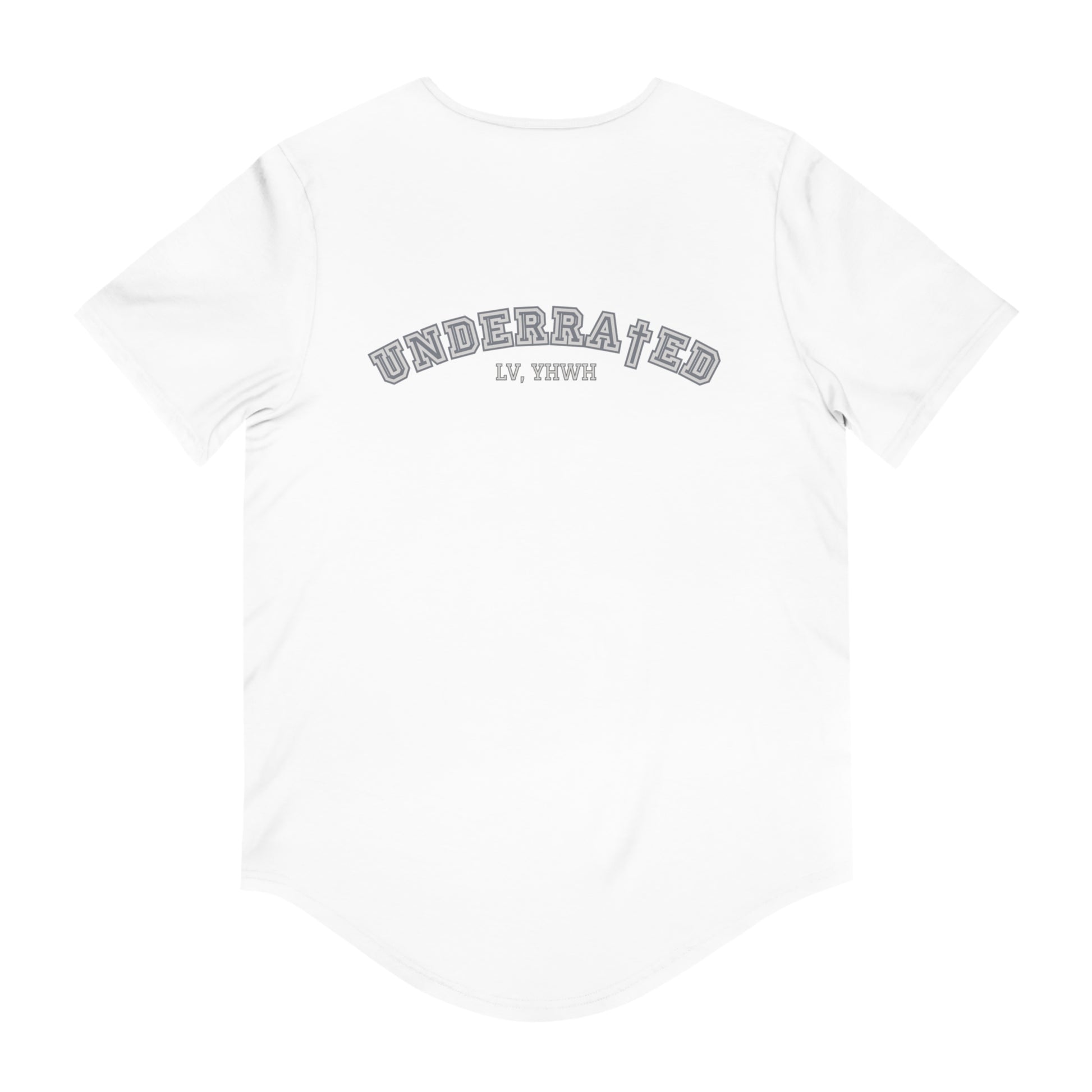 Printify white short sleeve t shirt back view with UNDERRATED LV YHWH print Christian graphic t-shirt