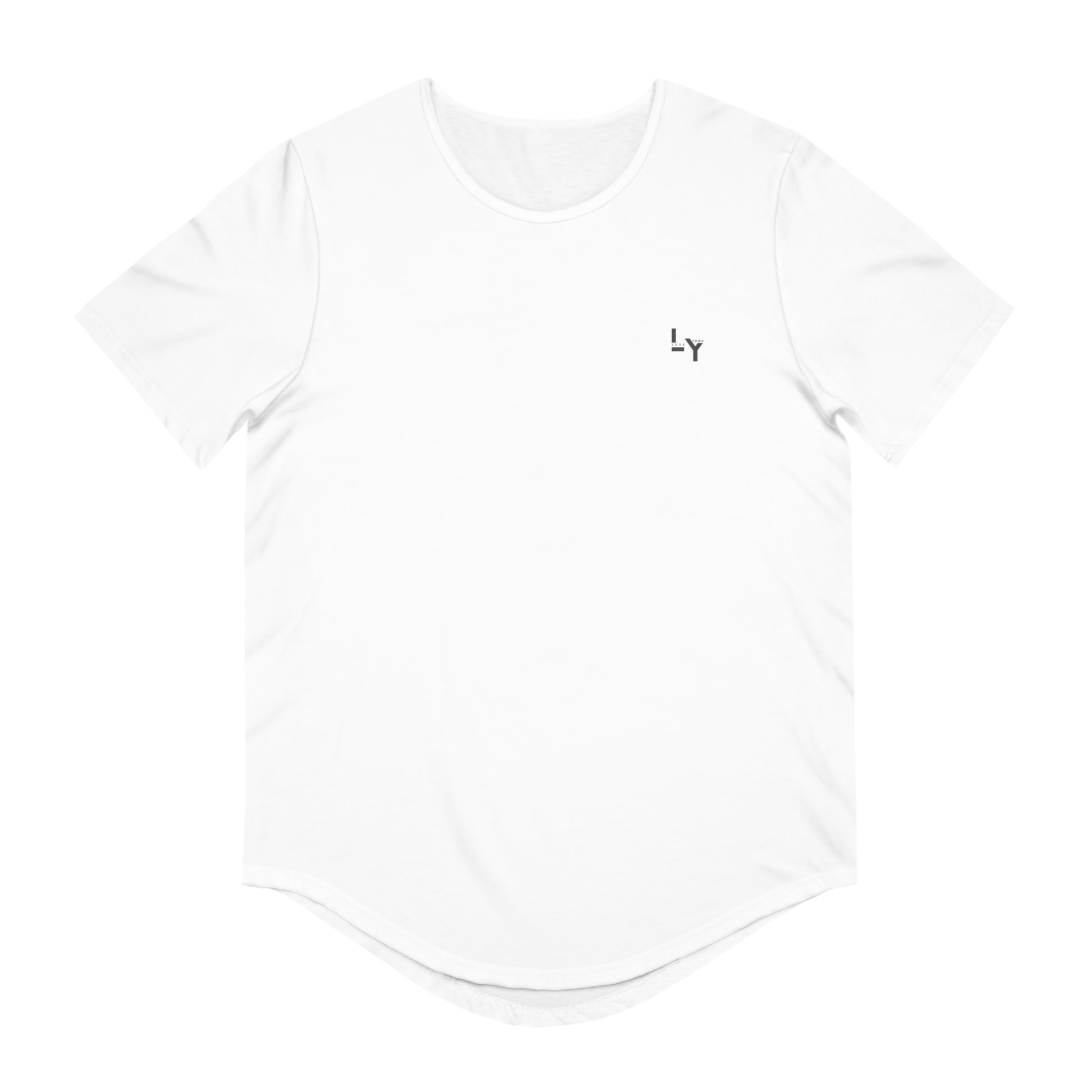 Printify white curved hem tee with small left chest logo Christian graphic t-shirt for faith based casual wear
