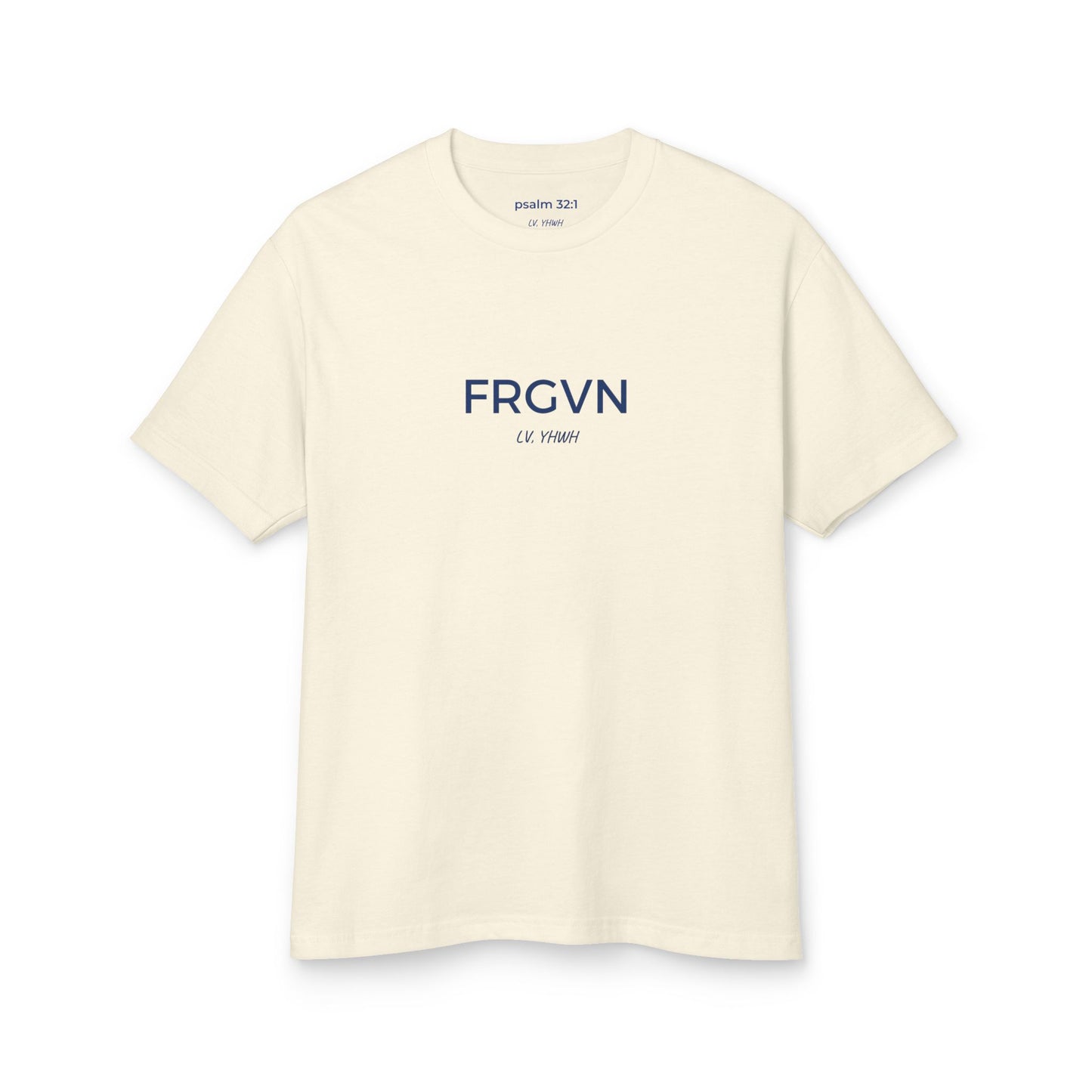 Printify cream crew neck t shirt with navy FRGVN chest print minimalist typography Christian graphic t-shirt