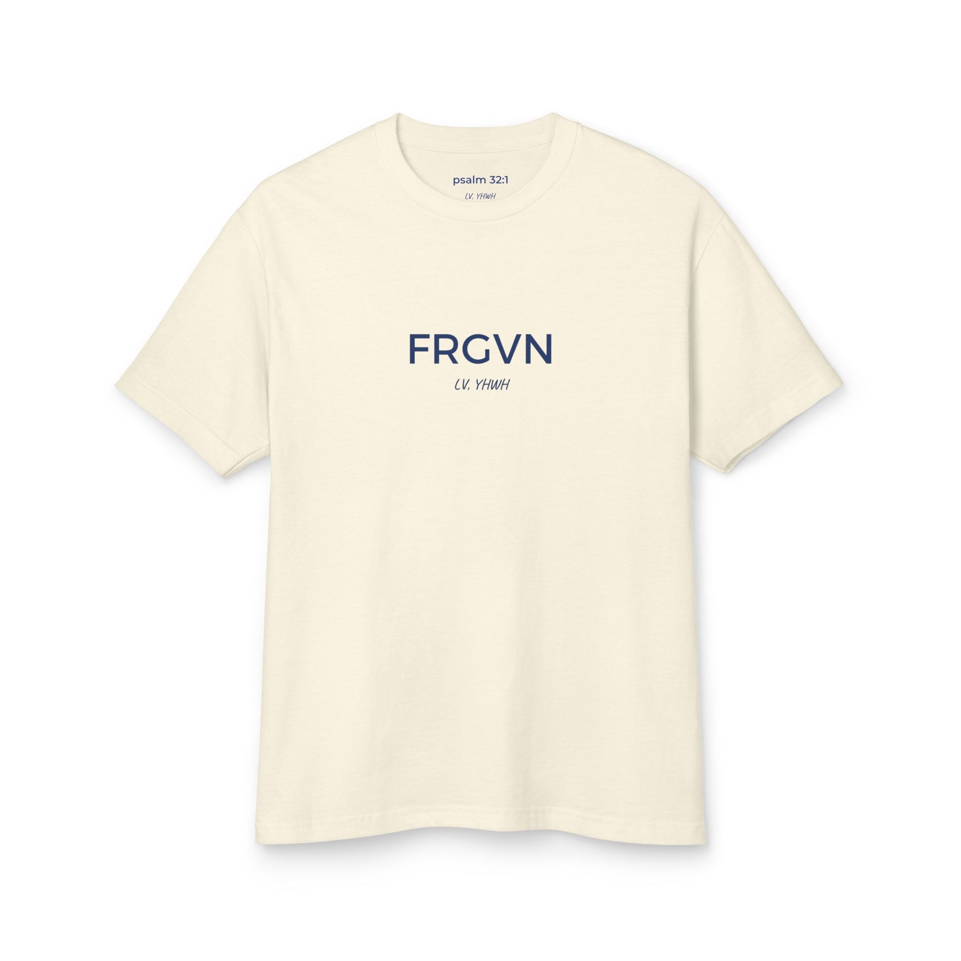 Printify cream crew neck t shirt with navy FRGVN chest print minimalist typography Christian graphic t-shirt