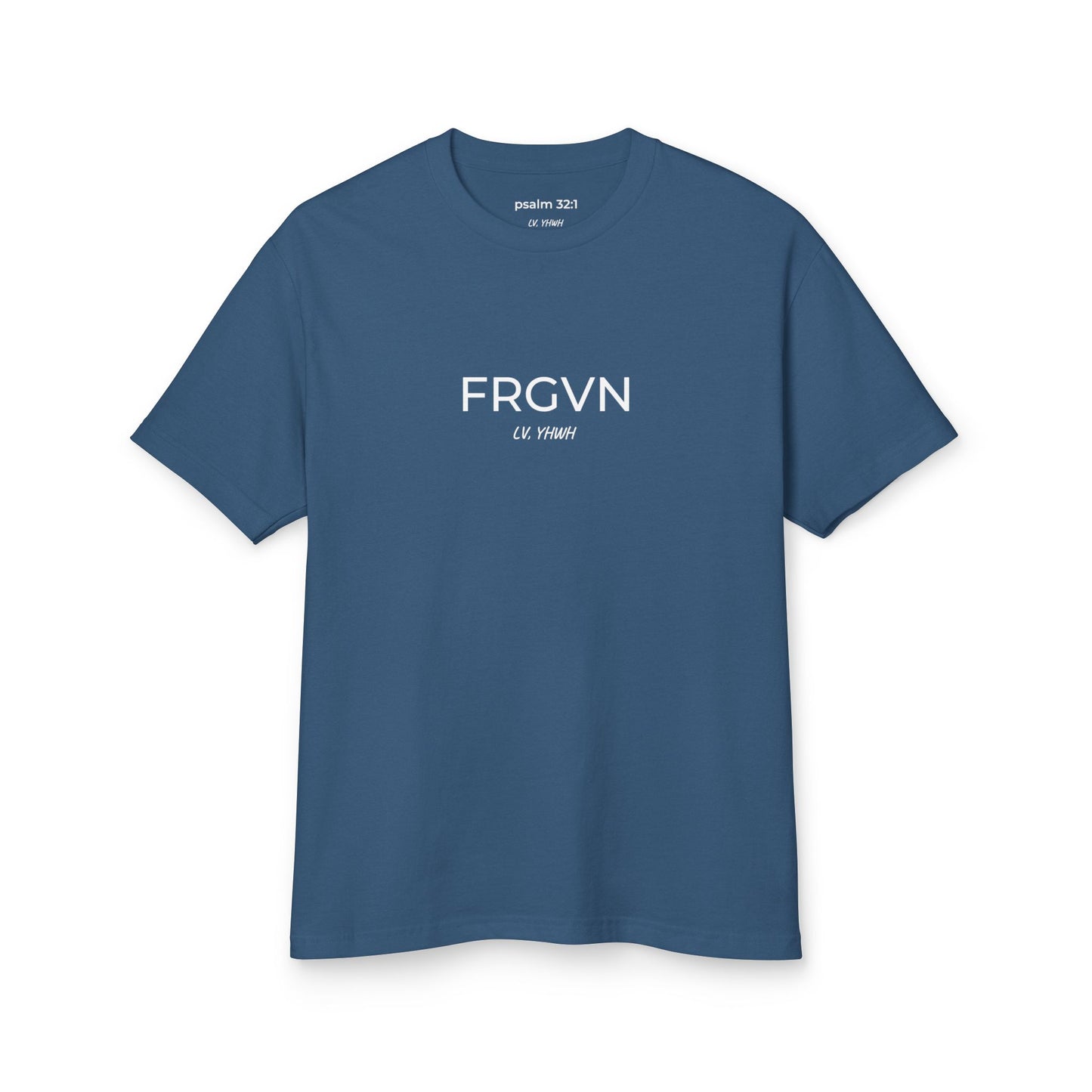 Printify blue crew neck Christian graphic t-shirt with minimalist white centered FRGYN text